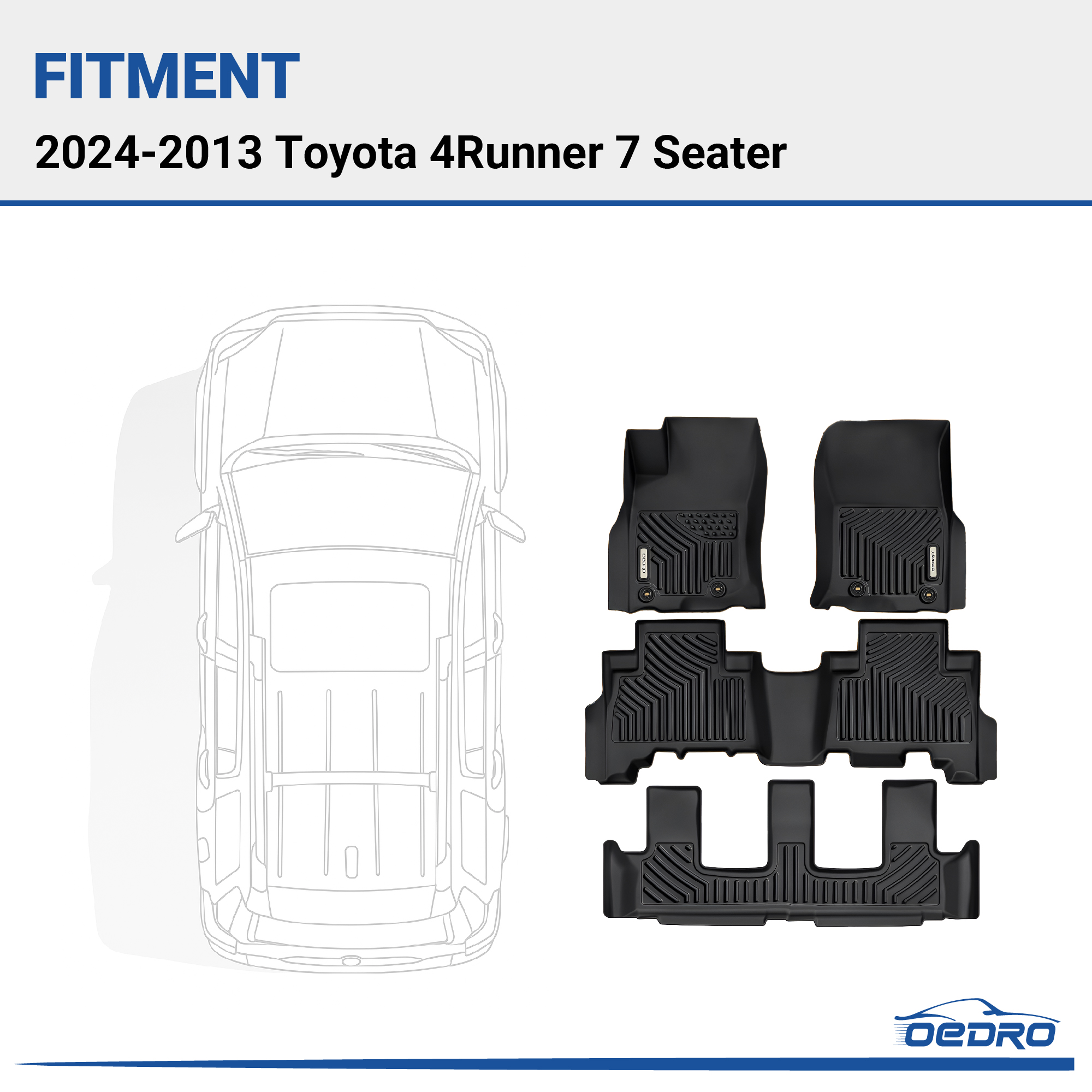 Side view of OEDRO Floor Mats for 2013-2024 Toyota 4Runner, Includes 1st and 2nd 3rd Row Full Set Liners