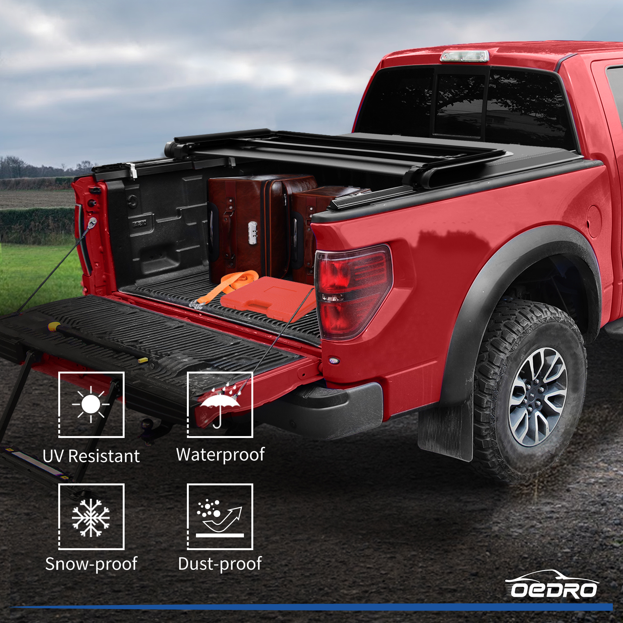 Side view of OEDRO 5.5ft Quad-Fold Tonneau Bed Cover for 2015-2026 Ford F150 F-150 (Excludes Raptor Series) – Waterproof, Durable, Easy Installation