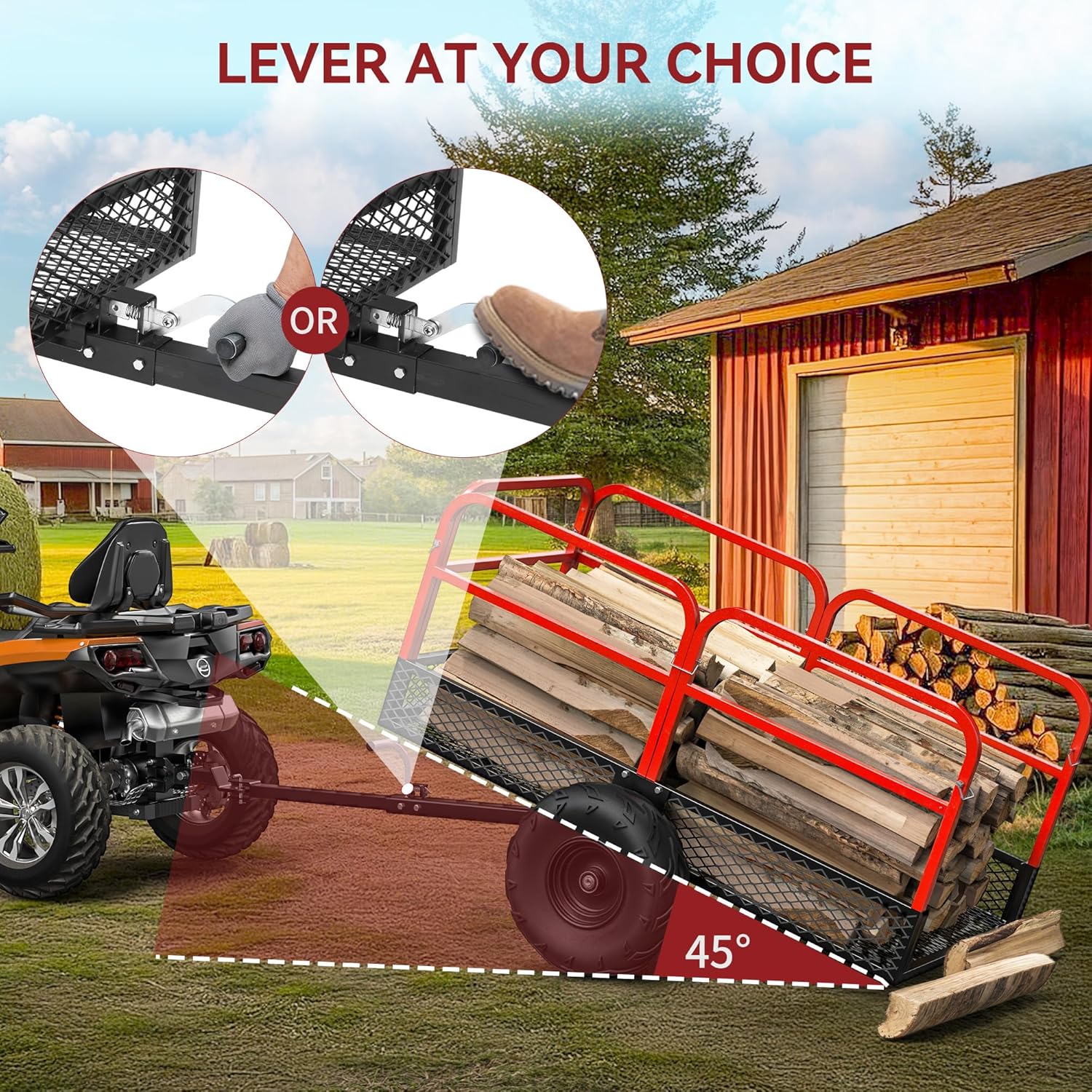 Side view of YITAMOR 1500lb ATV Lawn Trailer - 15 Cu.Ft Dump Cart w/ Red Guardrails