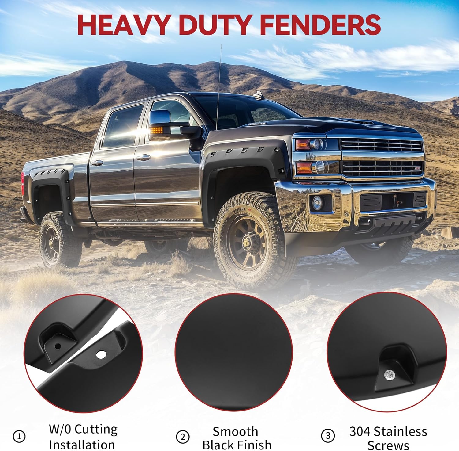 Side view of YITAMOTOR® Smooth Fender Flares Compatible with 2014-2018 Chevrolet Silverado 1500 5.8'（Short Bed）, Pocket Bolt-Riveted Style, 4 Pcs Paintable Wheel F