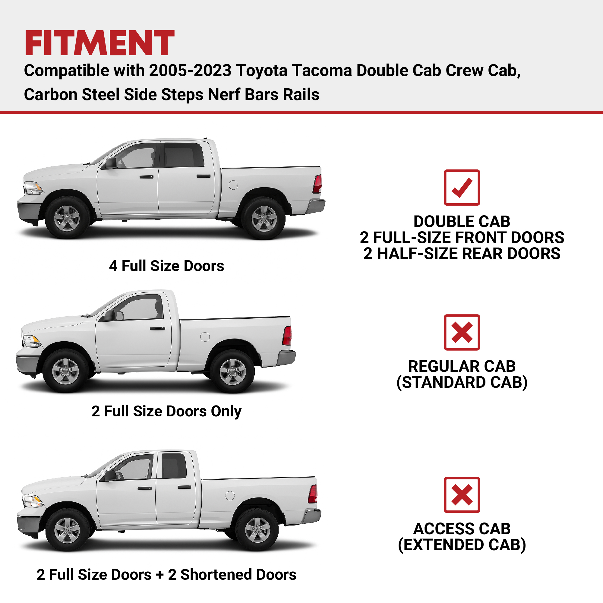 Side view of Running Boards Replacement for 2005-2023 Toyota Tacoma Double Cab, Carbon Steel Side Steps Nerf Bars Rails