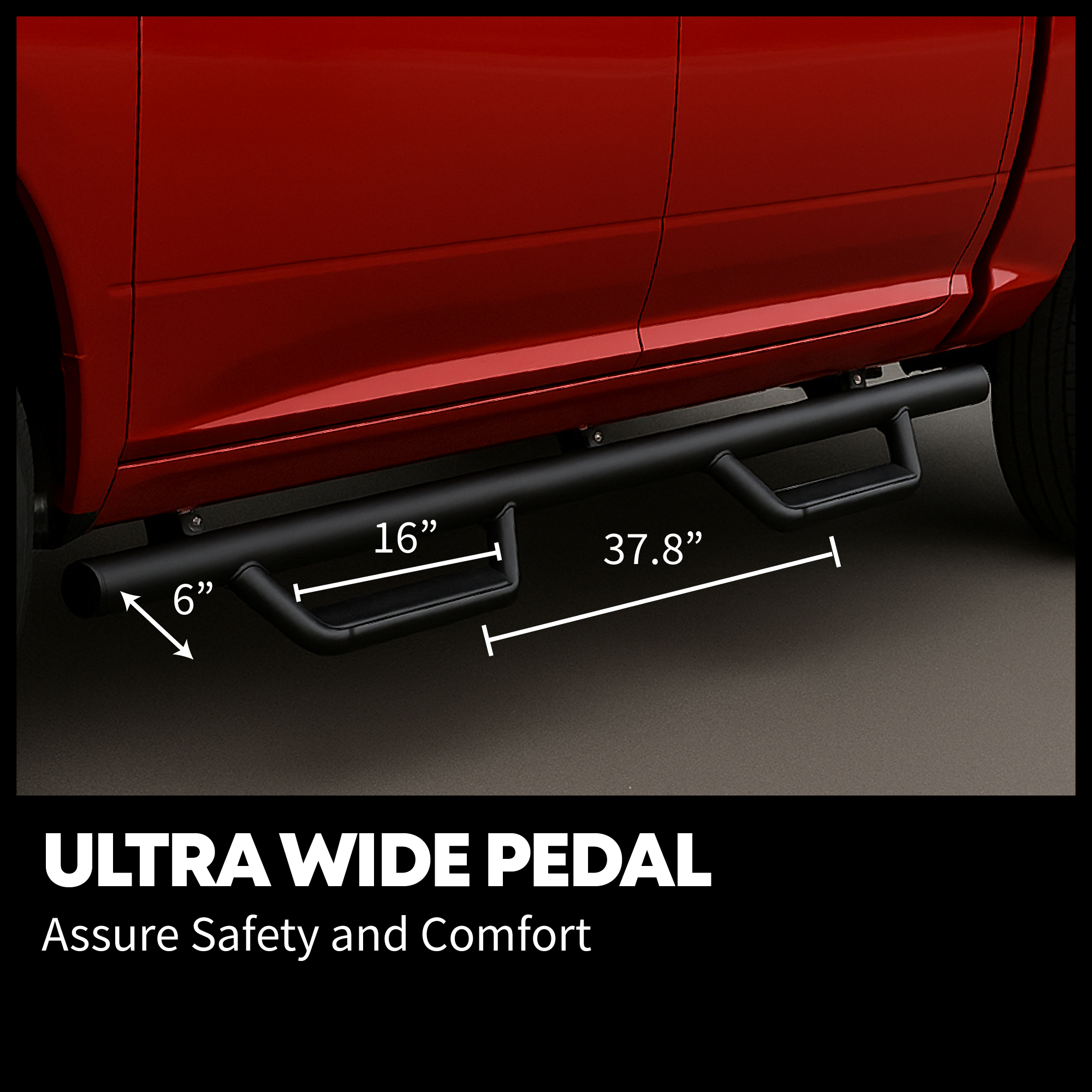 Side view of Running Boards Replacement for 2005-2023 Toyota Tacoma Double Cab, Carbon Steel Side Steps Nerf Bars Rails