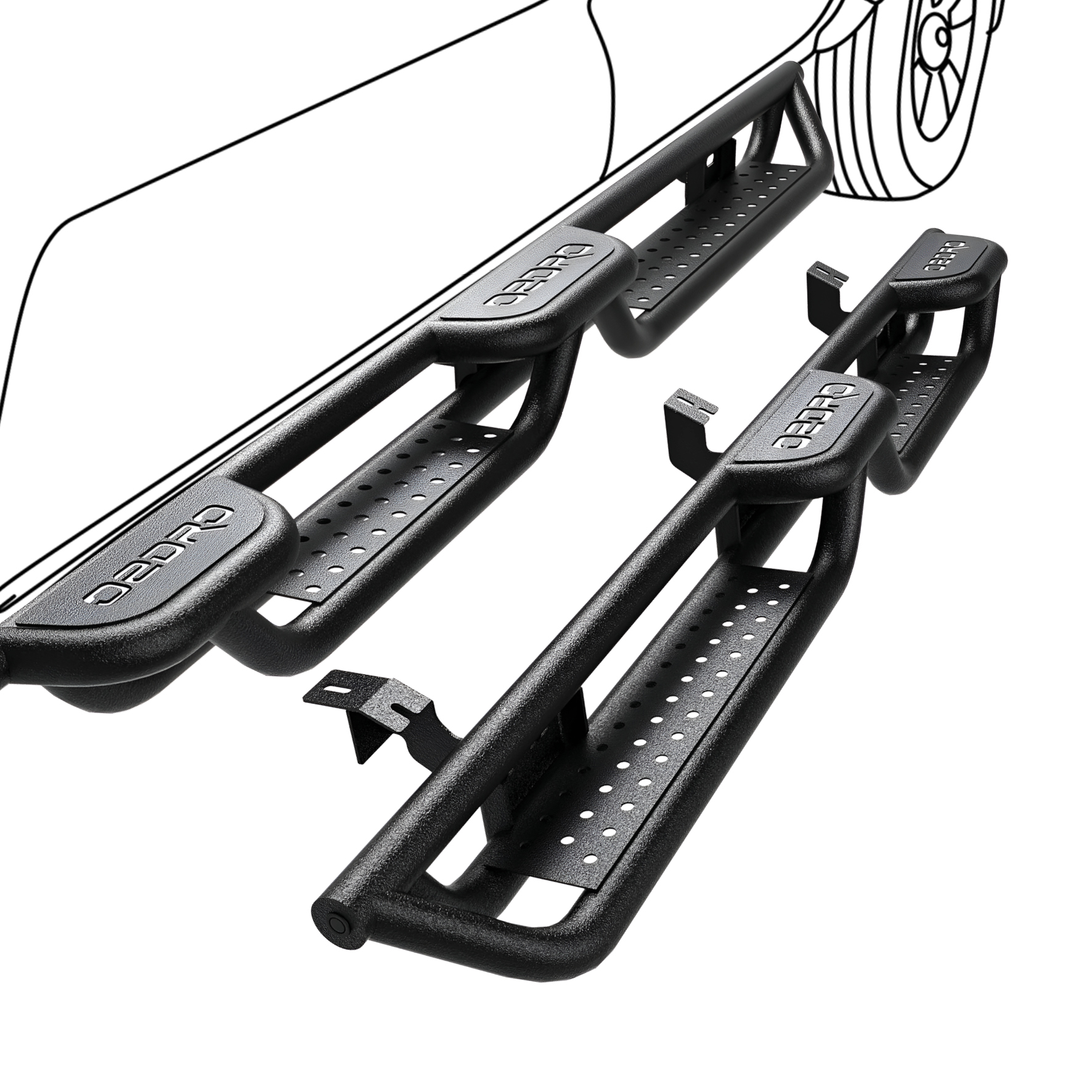 Side view of 6" Running Boards fits to 2024-2026 Toyota Tacoma Double/Crew Cab 4 Full-Size Doors, Two Stair Design Side Step Rails Carbon Steel Running Boards