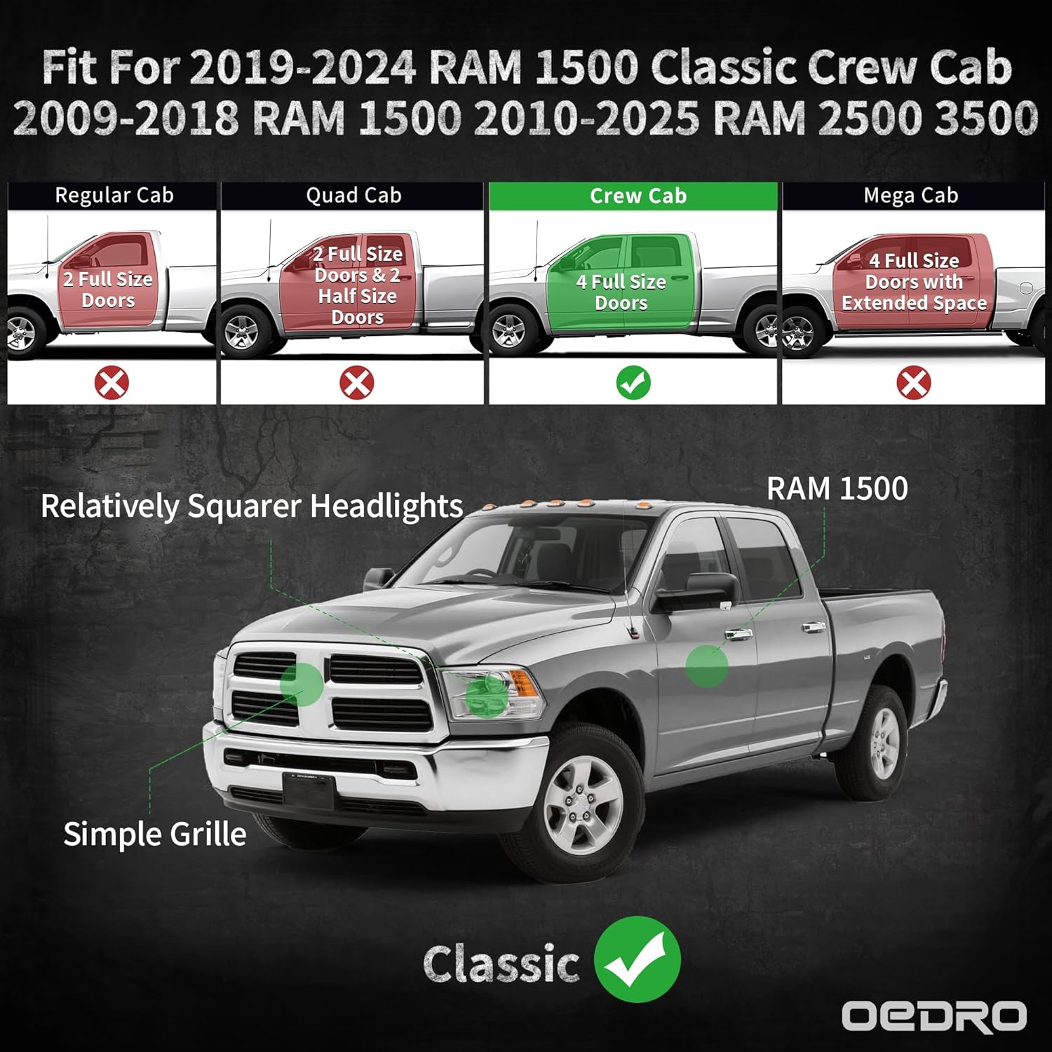 Side view of OEDRO Running Boards Fits to 2009-2018 Dodge Ram 1500 (Incl. 2019-2024 1500 Classic), 2010-2025 Dodge Ram 2500/3500 Crew Cab, Drop Down Side Steps