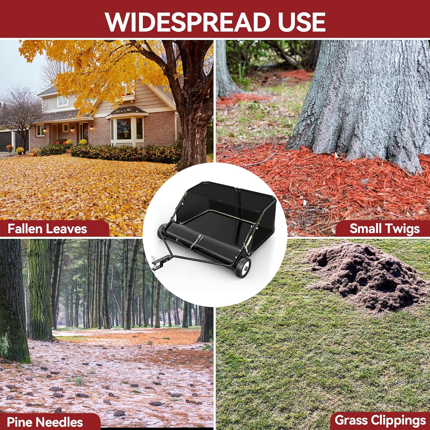 Side view of YITAMOR 50" Pro Lawn Sweeper - 25 Cu.Ft Hopper | Branch-Proof Net, Adjustable Brush