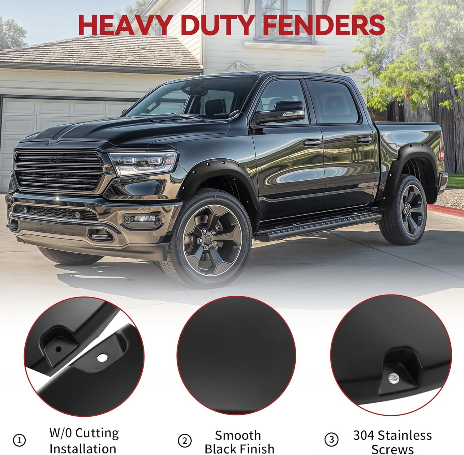 Side view of YITAMOTOR® 2019-2024 Dodge Ram 1500 Double & Crew Cab (Excludes Rebel) Fender Flares