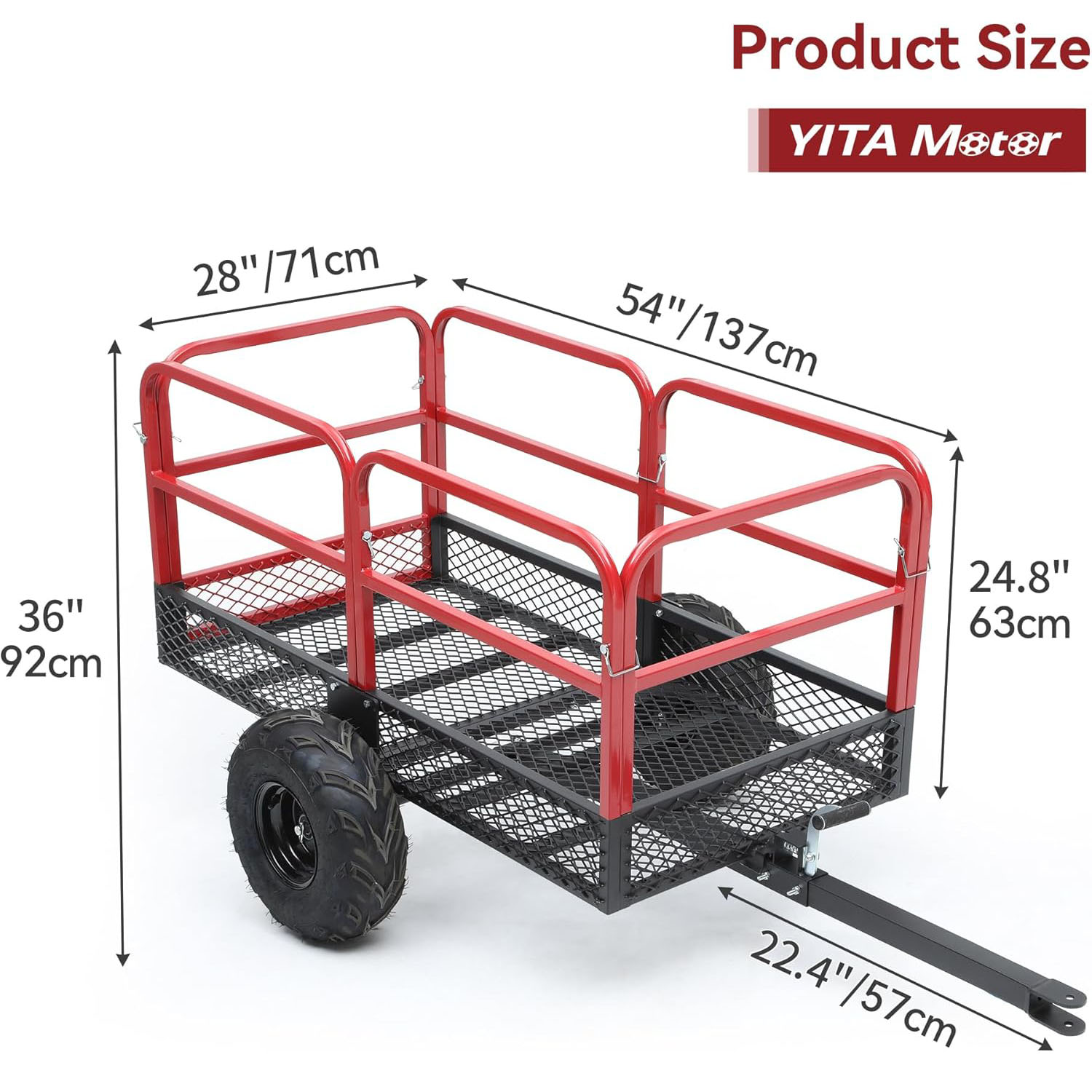 Side view of YITAMOR 1500lb ATV Lawn Trailer - 15 Cu.Ft Dump Cart w/ Red Guardrails