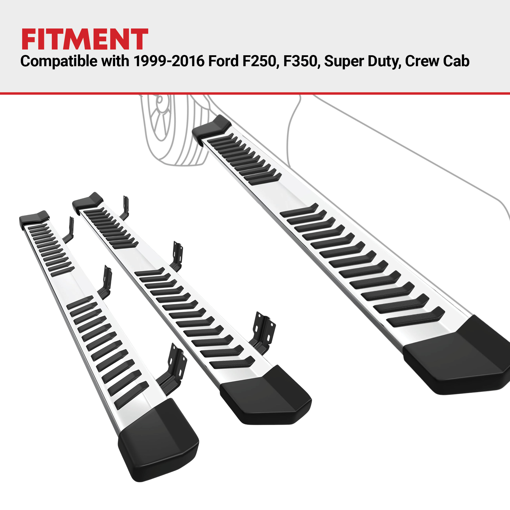 Side view of 6 Inches Running Boards Replacement for 1999-2016 Ford F250 F350 Super Duty Crew Cab, Side Steps Stainless Steel Nerf Bars