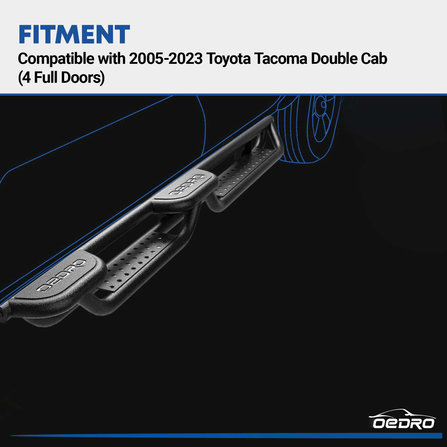 Side view of OEDRO 6" Running Boards Steps Dual Convex Nerf Bars for 2005-2023 Toyota Tacoma Double Cab/Crew Cab(4-doors Size=1:0.75)