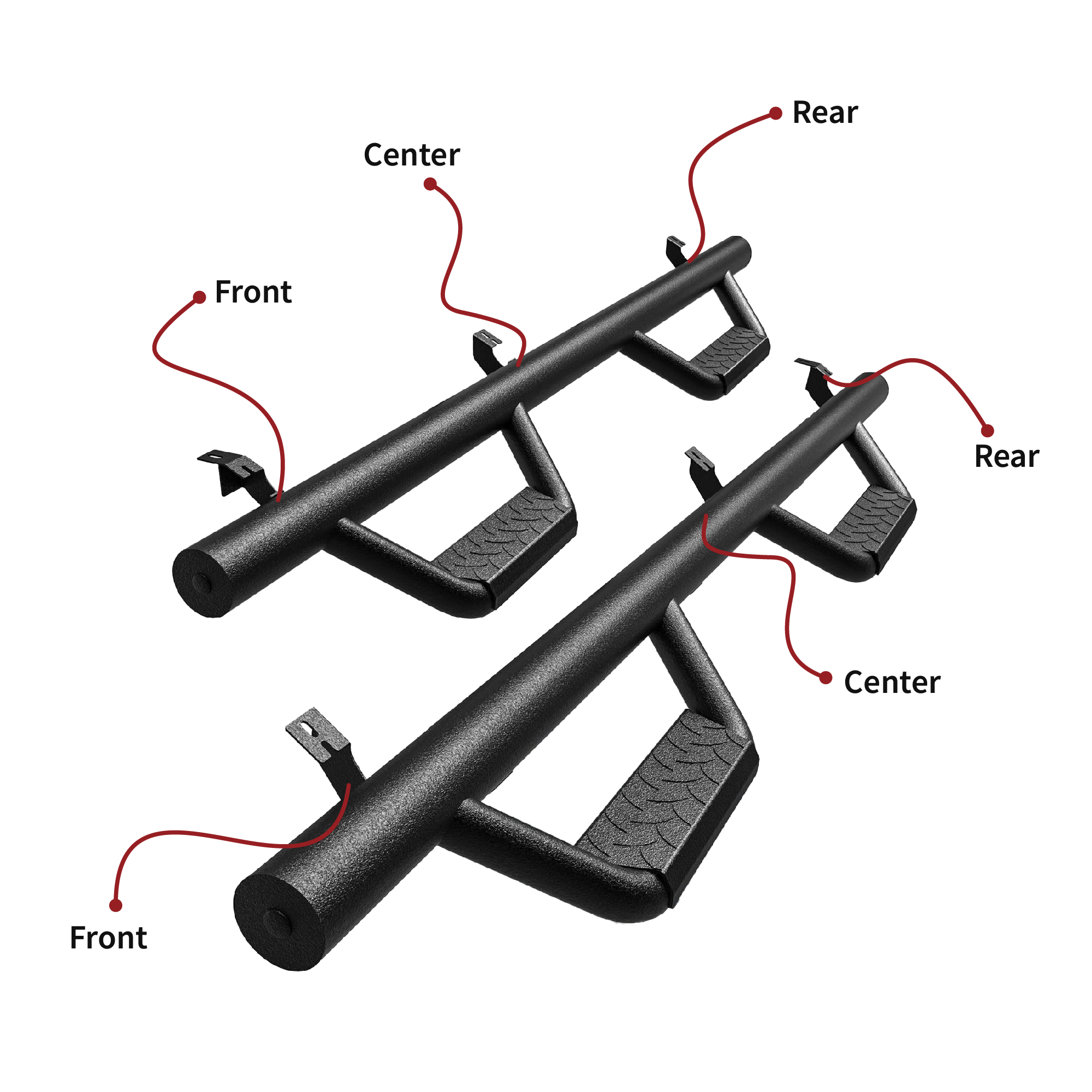 Side view of Running Boards Replacement for 2005-2023 Toyota Tacoma Double Cab, Carbon Steel Side Steps Nerf Bars Rails
