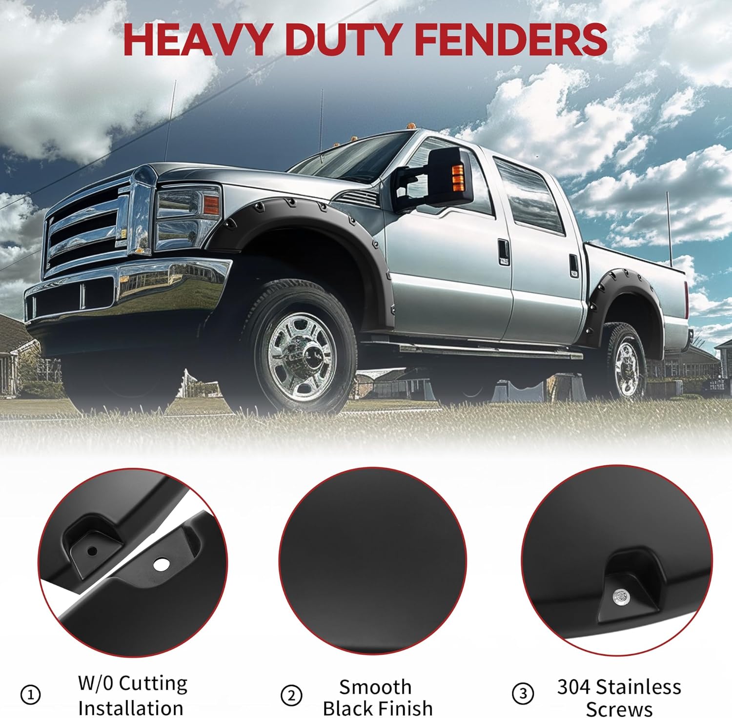 Side view of YITAMOTOR® 1999-2007 Ford F-250 F-350 Super Duty Pocket Rivet Style Fender Flares-4 Piece