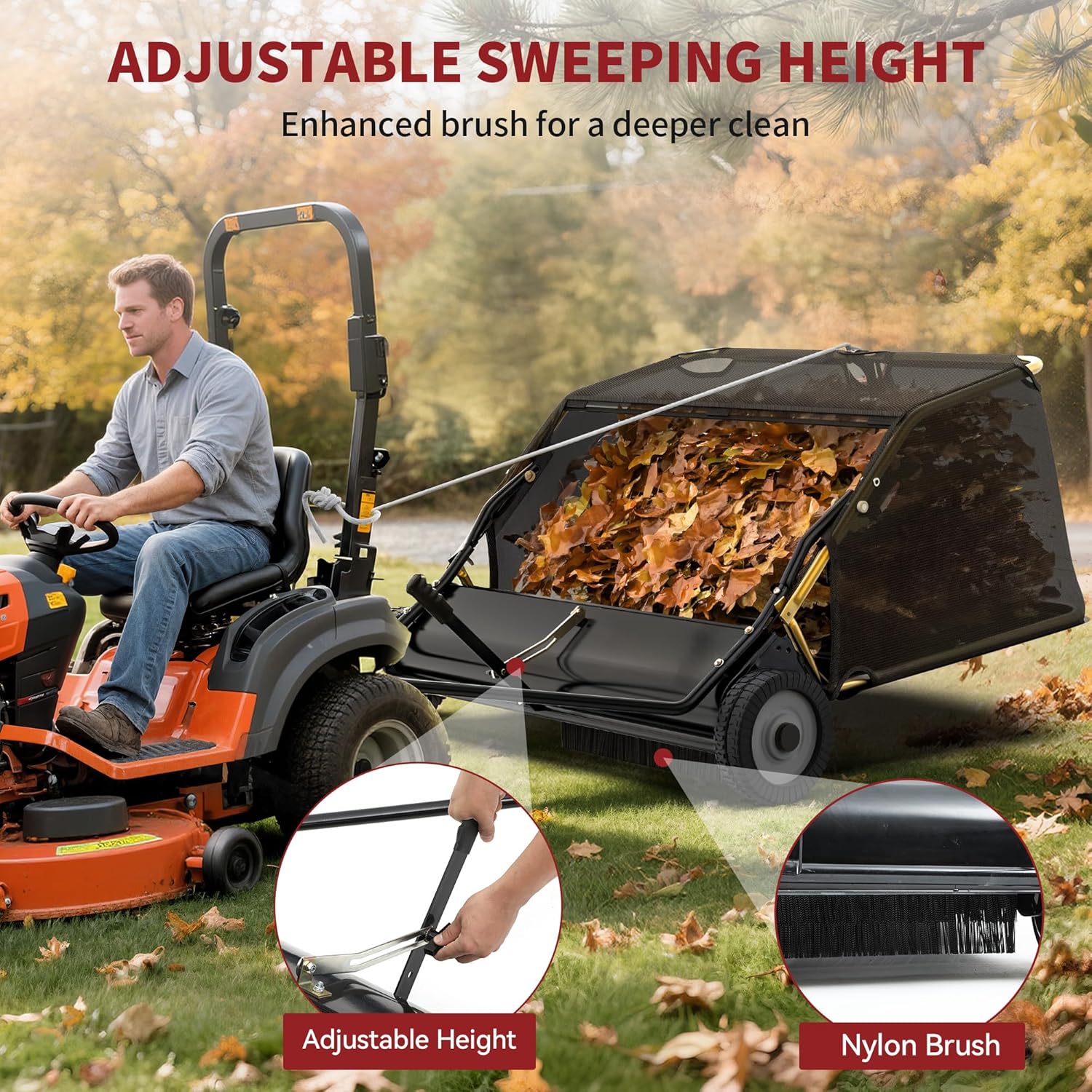 Side view of YITAMOR 42" Lawn Sweeper - 12 Cu.Ft Hopper | Branch-Proof Net, Adjustable Brush