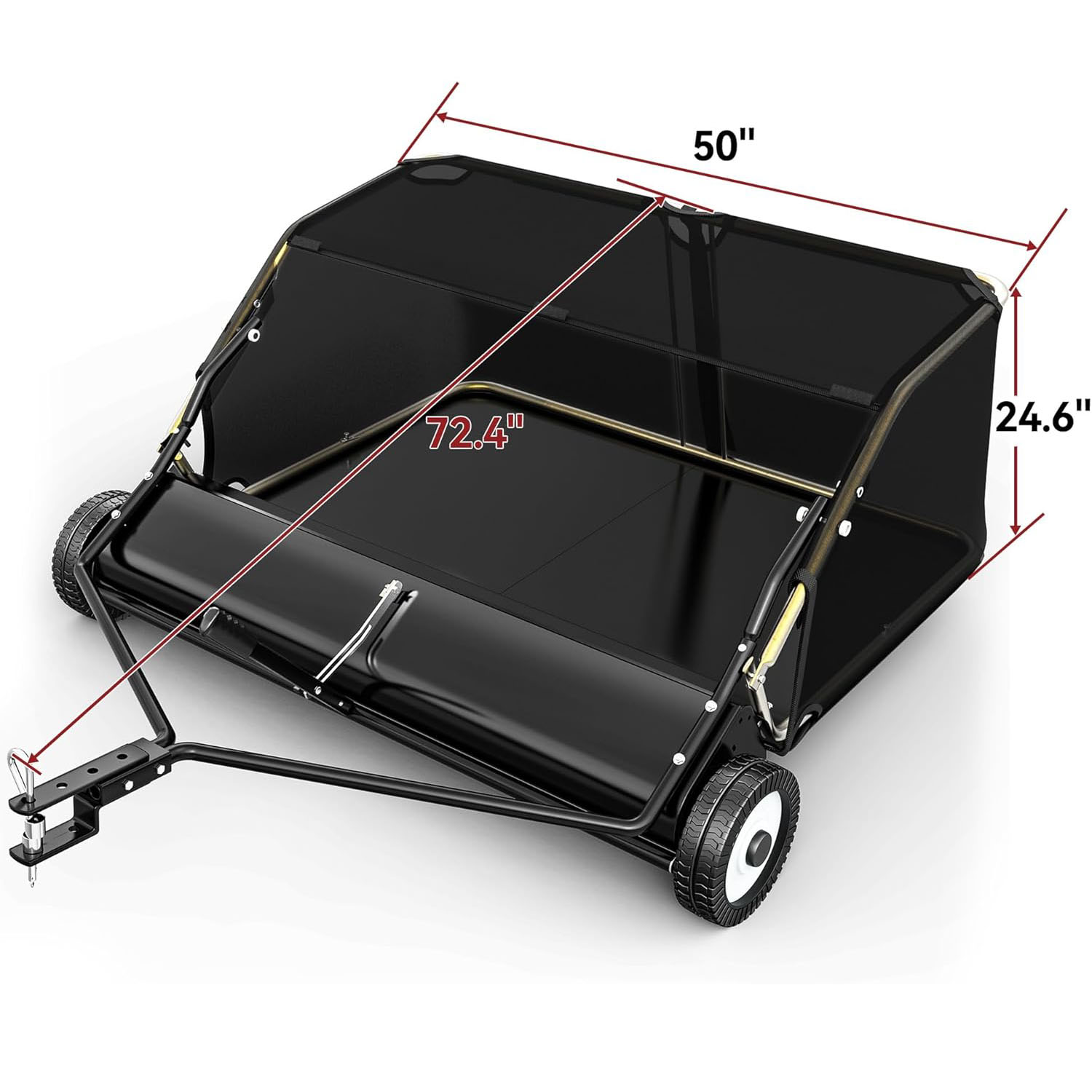 Side view of YITAMOR 50" Pro Lawn Sweeper - 25 Cu.Ft Hopper | Branch-Proof Net, Adjustable Brush