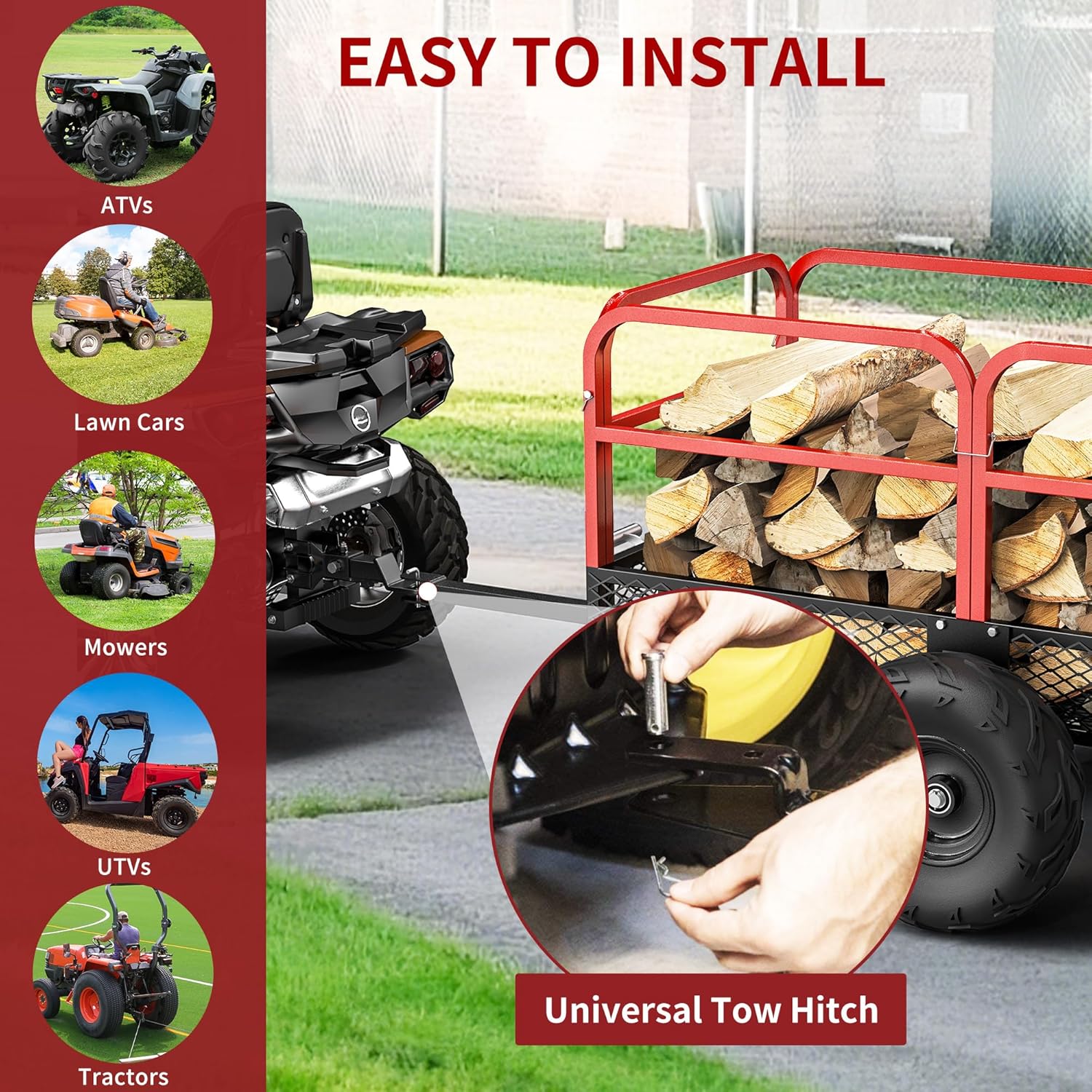 Side view of YITAMOR 1500lb ATV Lawn Trailer - 15 Cu.Ft Dump Cart w/ Red Guardrails