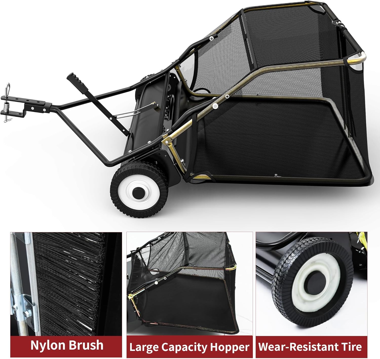 Side view of YITAMOR 42" Lawn Sweeper - 12 Cu.Ft Hopper | Branch-Proof Net, Adjustable Brush