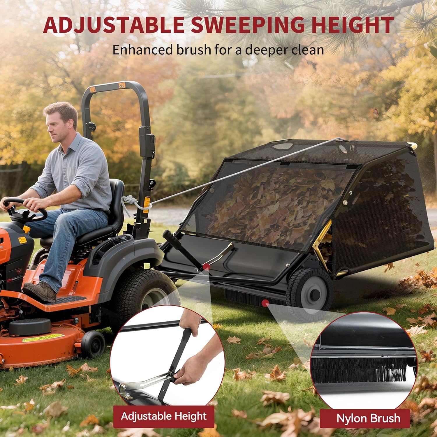 Side view of YITAMOR 50" Pro Lawn Sweeper - 25 Cu.Ft Hopper | Branch-Proof Net, Adjustable Brush