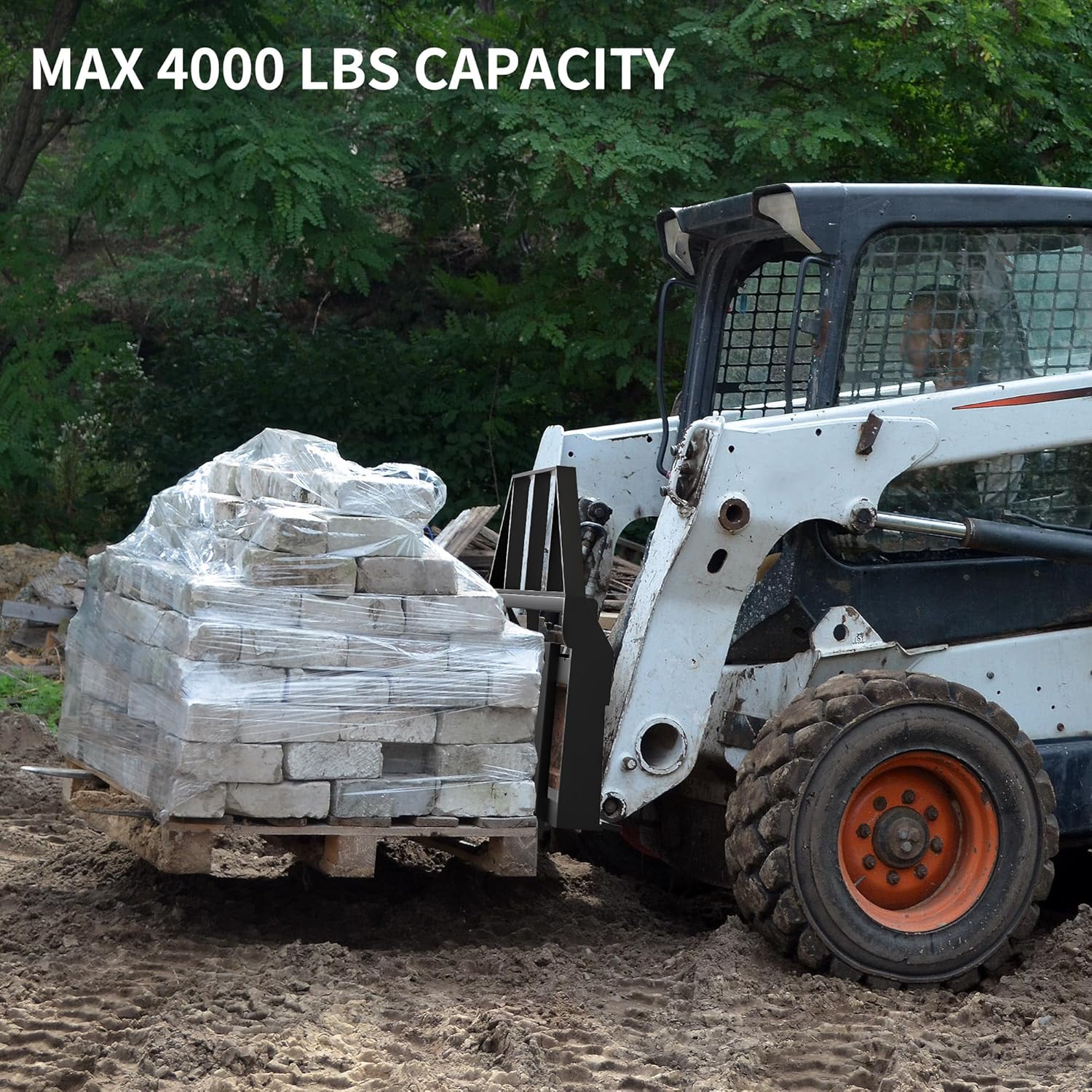 Side view of YITAMOR 4000lb Skid Steer Pallet Forks - 45" Frame w/ 48" Blades | QA
