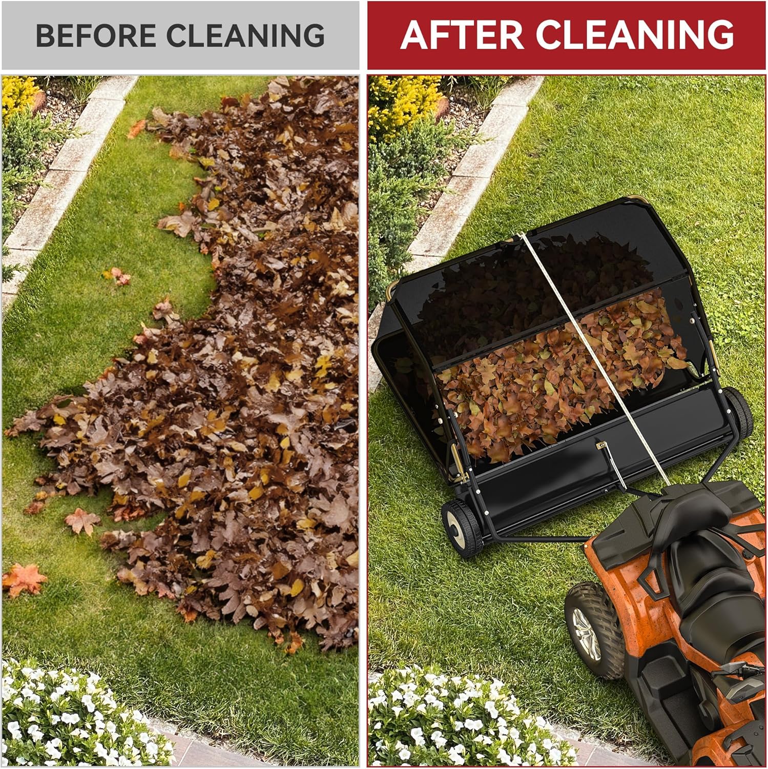 Side view of YITAMOR 50" Pro Lawn Sweeper - 25 Cu.Ft Hopper | Branch-Proof Net, Adjustable Brush
