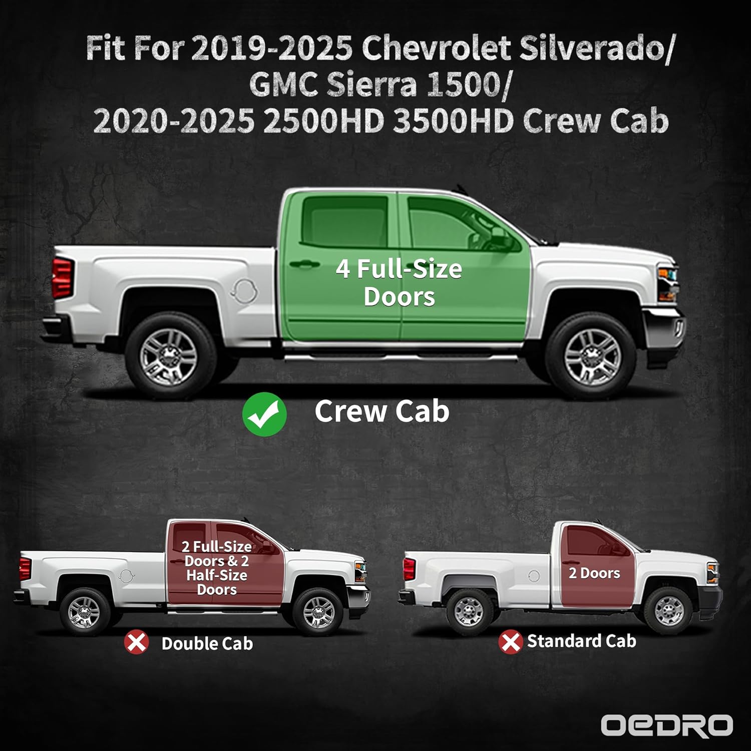 Side view of OEDRO Running Boards Compatible with 2019-2025 Chevy Silverado/GMC Sierra 1500 Crew Cab, 2020-2025 2500HD 3500HD, Drop Down Side Steps Rails