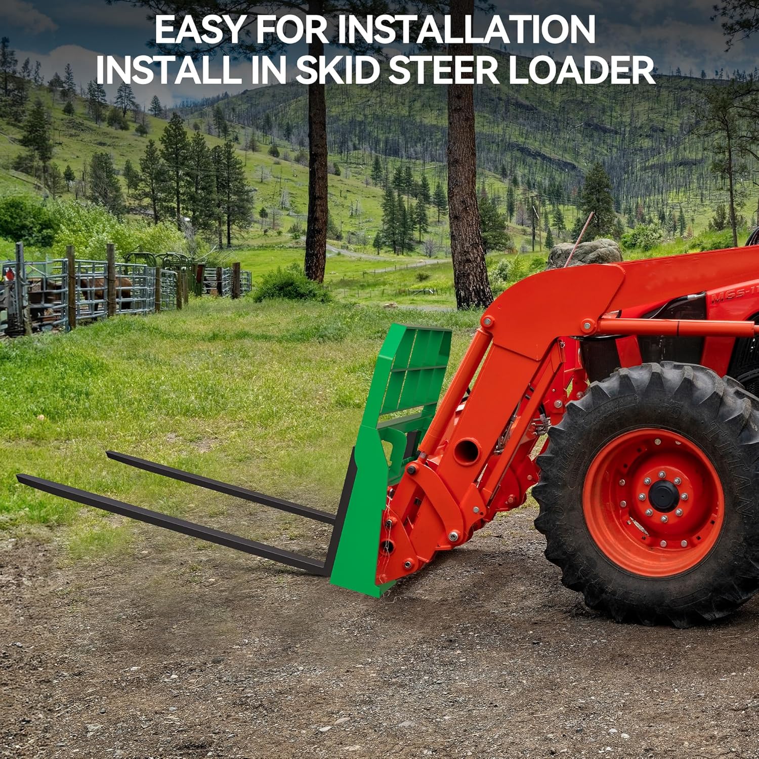 Side view of YITAMOR 4000lb Skid Steer Pallet Forks - 45" Frame & 48" Blades | Fits Bobcat/Kubota