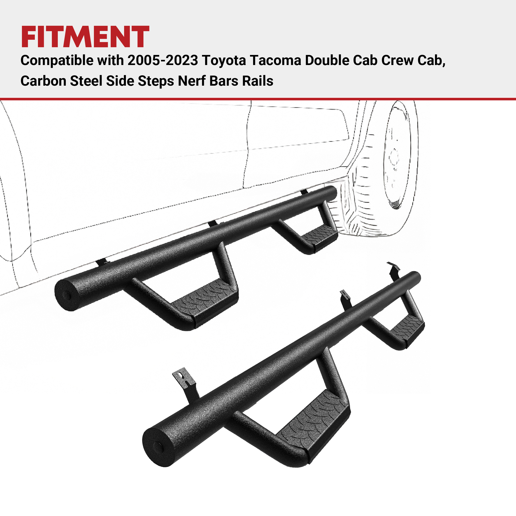 Side view of Running Boards Replacement for 2005-2023 Toyota Tacoma Double Cab, Carbon Steel Side Steps Nerf Bars Rails