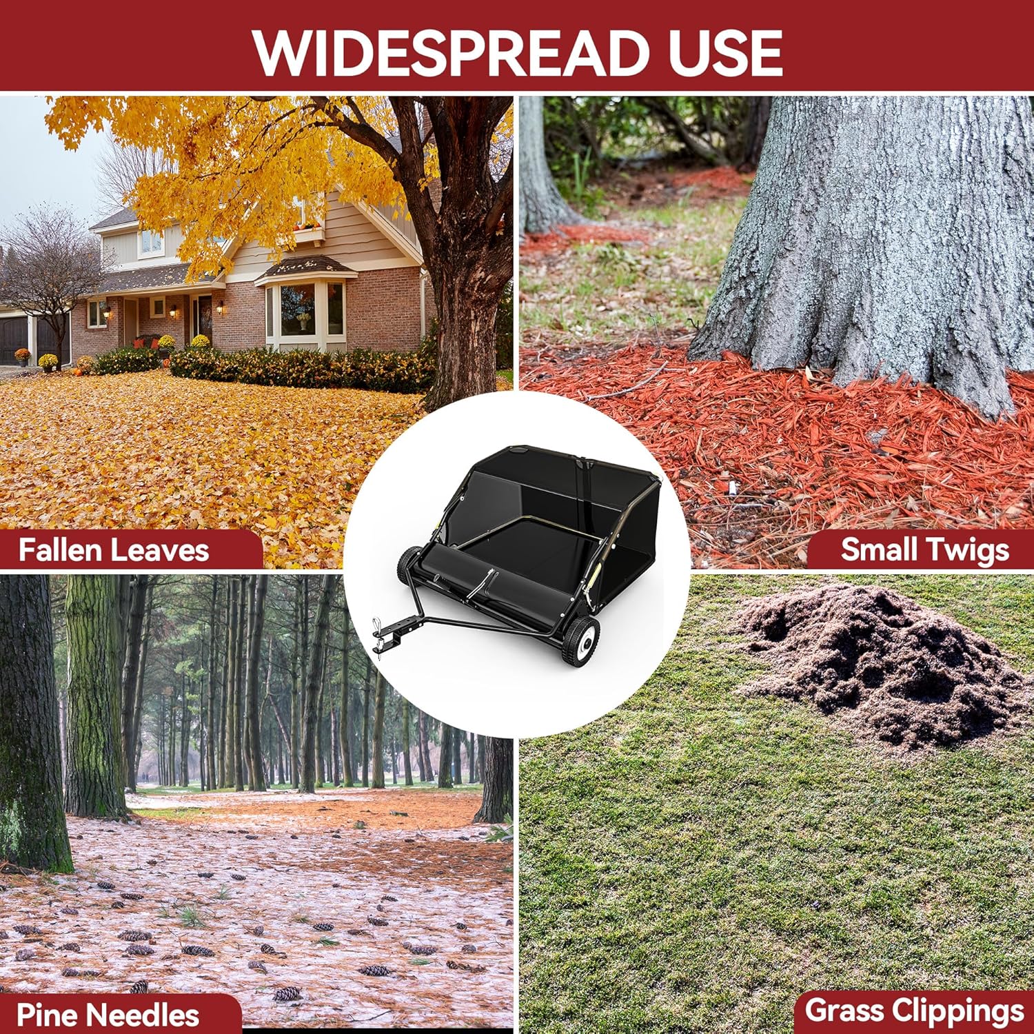 Side view of YITAMOR 42" Lawn Sweeper - 12 Cu.Ft Hopper | Branch-Proof Net, Adjustable Brush