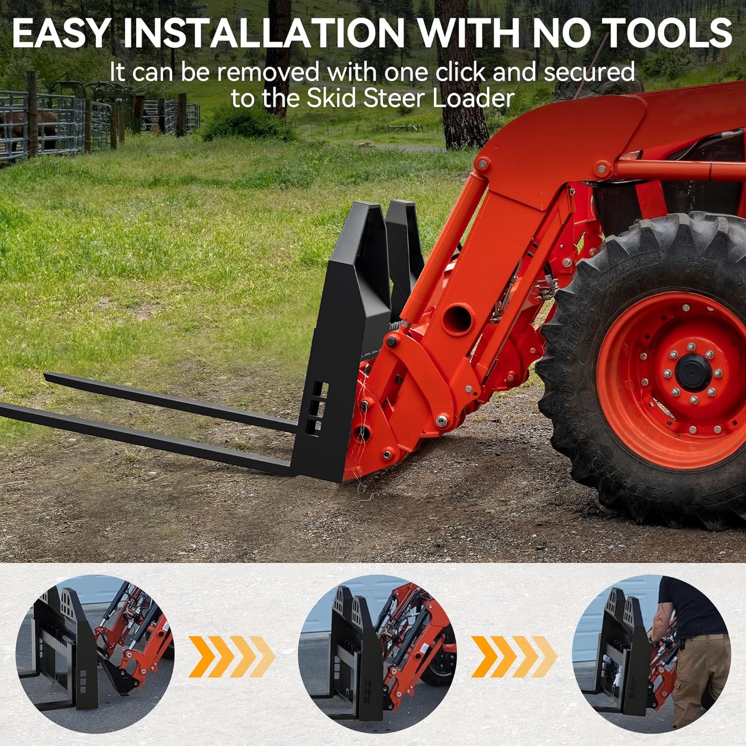 Side view of YITAMOR 45" Pallet Fork Frame - 48" 4000lb Forks | Fits Kubota/Bobcat QA