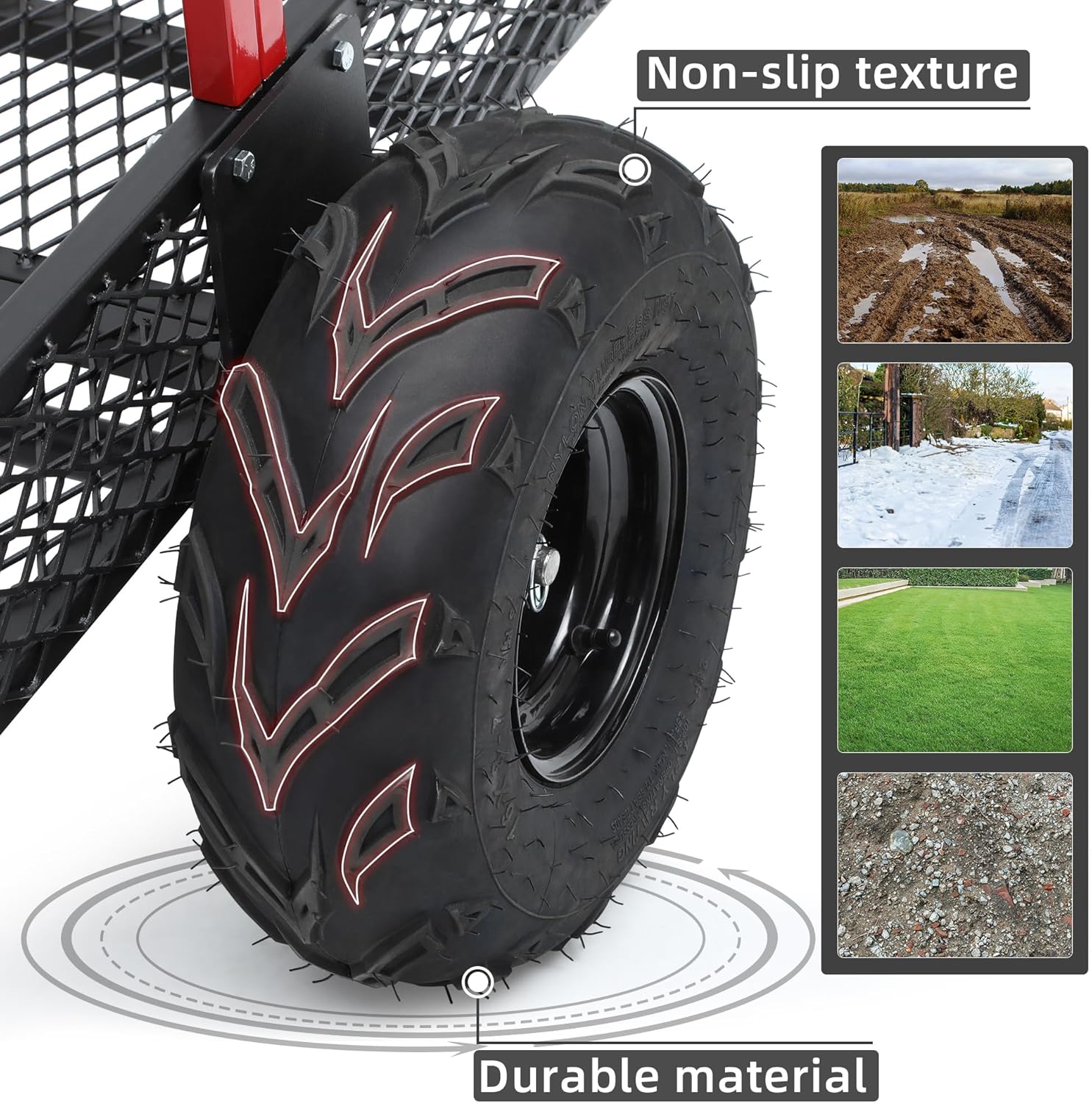 Side view of YITAMOR 1500lb ATV Lawn Trailer - 15 Cu.Ft Dump Cart w/ Red Guardrails