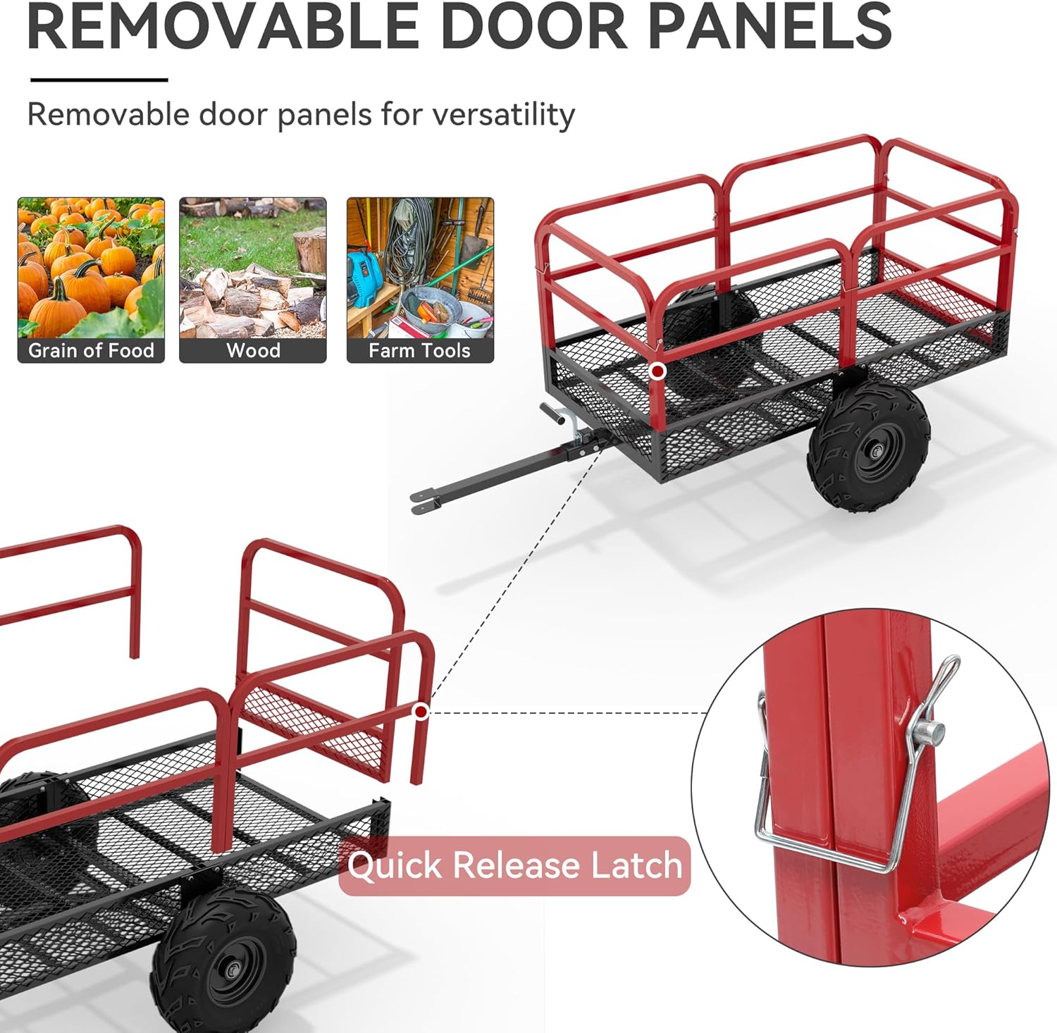 Side view of YITAMOR 1500lb ATV Lawn Trailer - 15 Cu.Ft Dump Cart w/ Red Guardrails