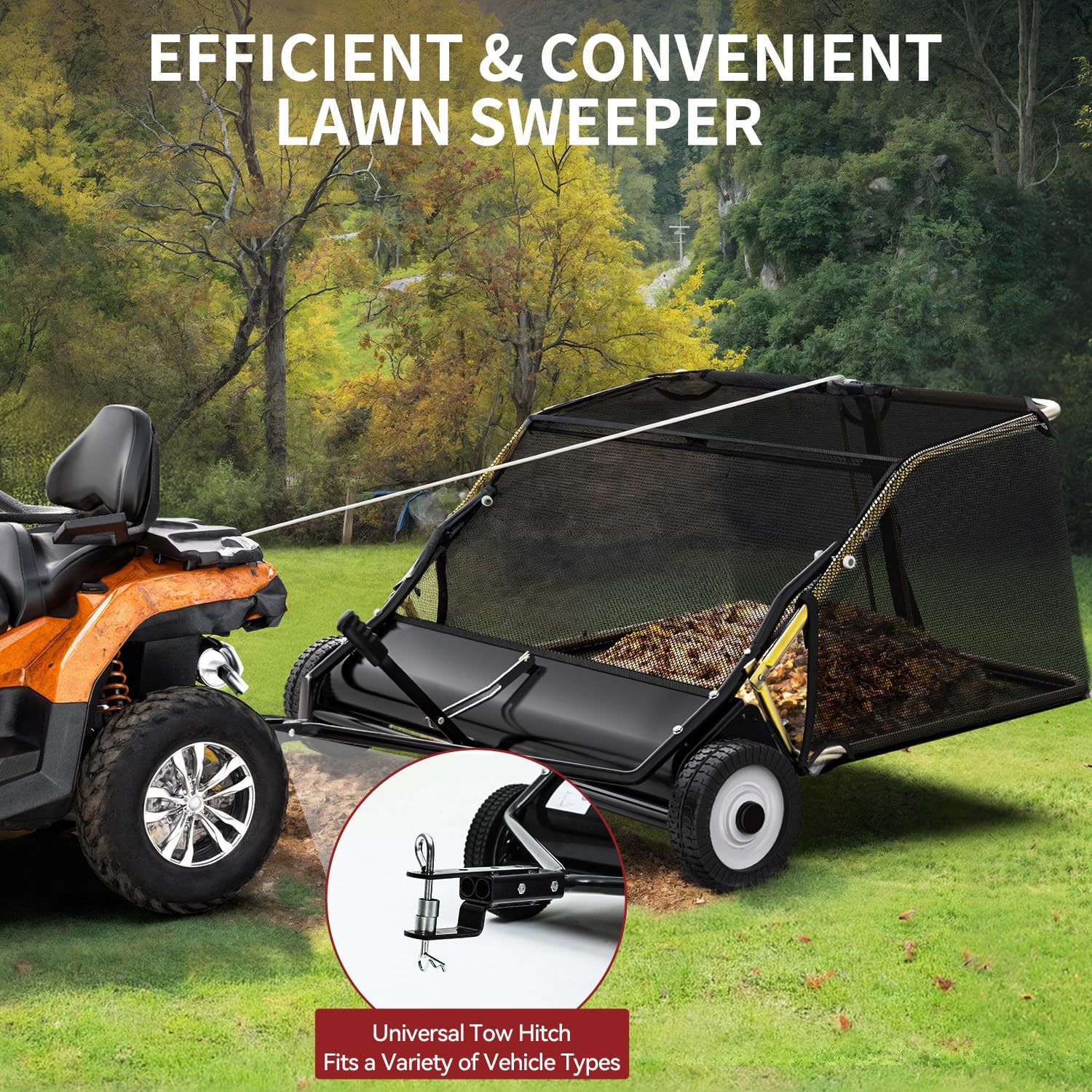 Side view of YITAMOR 42" Lawn Sweeper - 12 Cu.Ft Hopper | Branch-Proof Net, Adjustable Brush