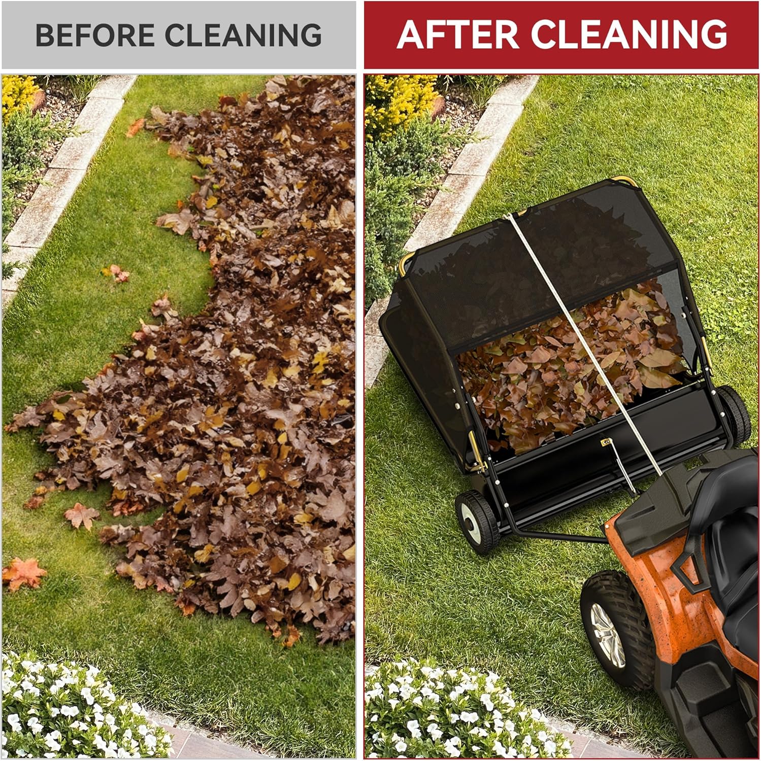 Side view of YITAMOR 42" Lawn Sweeper - 12 Cu.Ft Hopper | Branch-Proof Net, Adjustable Brush