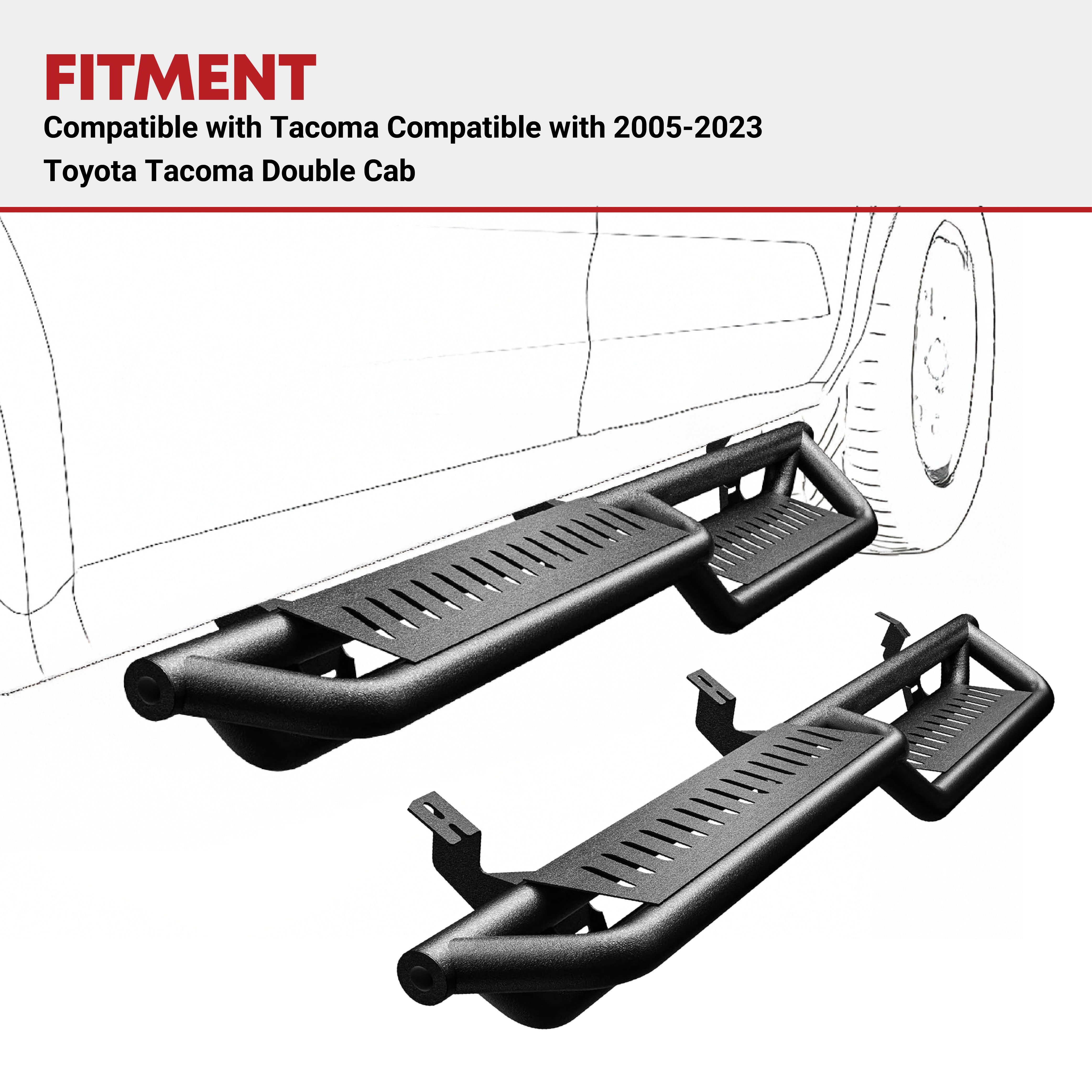Side view of Running Boards Compatible with 2005-2023 Toyota Tacoma Double Cab, 2-Stairs Side Step Rails Black Powder Coated Nerf Bars