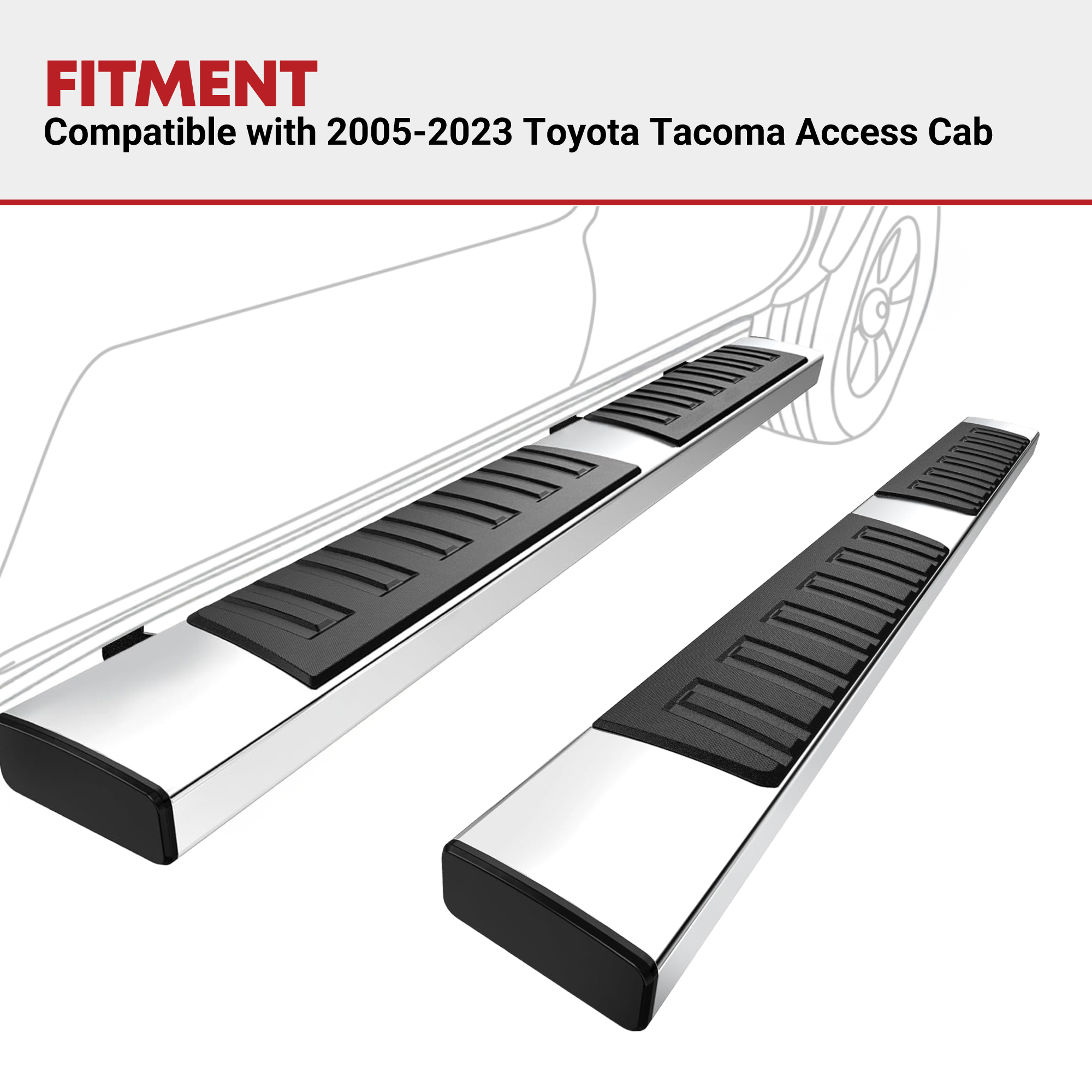 Side view of YITAMOTOR® 6.5 Inches Running Boards Compatible with 2005-2023 Toyota Tacoma Access Cab, Stainless Steel Black Side Steps Nerf Bars