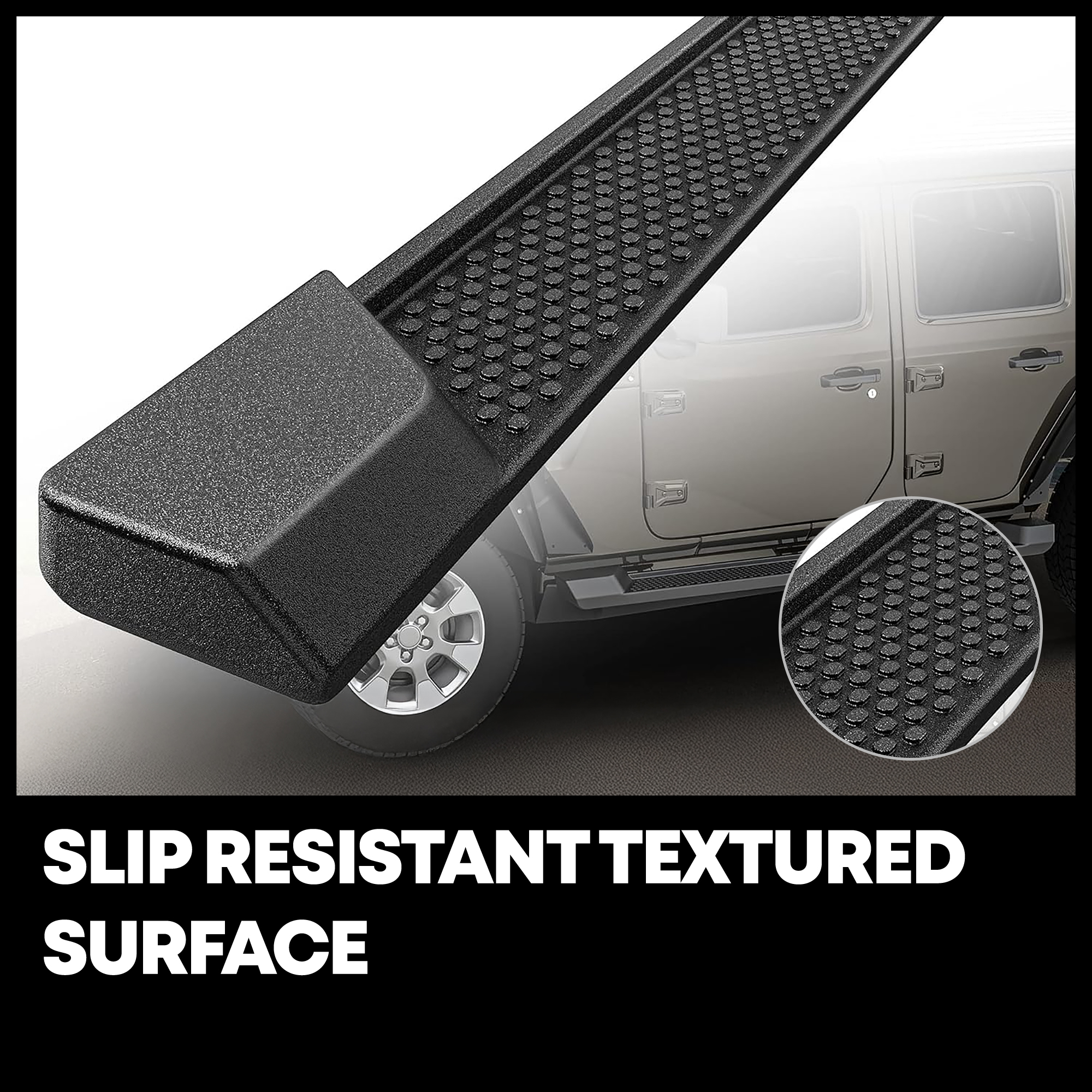 Side view of YITAMOTOR® Running Boards Compatible with 2007-2018 Jeep Wrangler JK 4 Door, Nerf Bars, Black Side Steps (Not for JL Model)