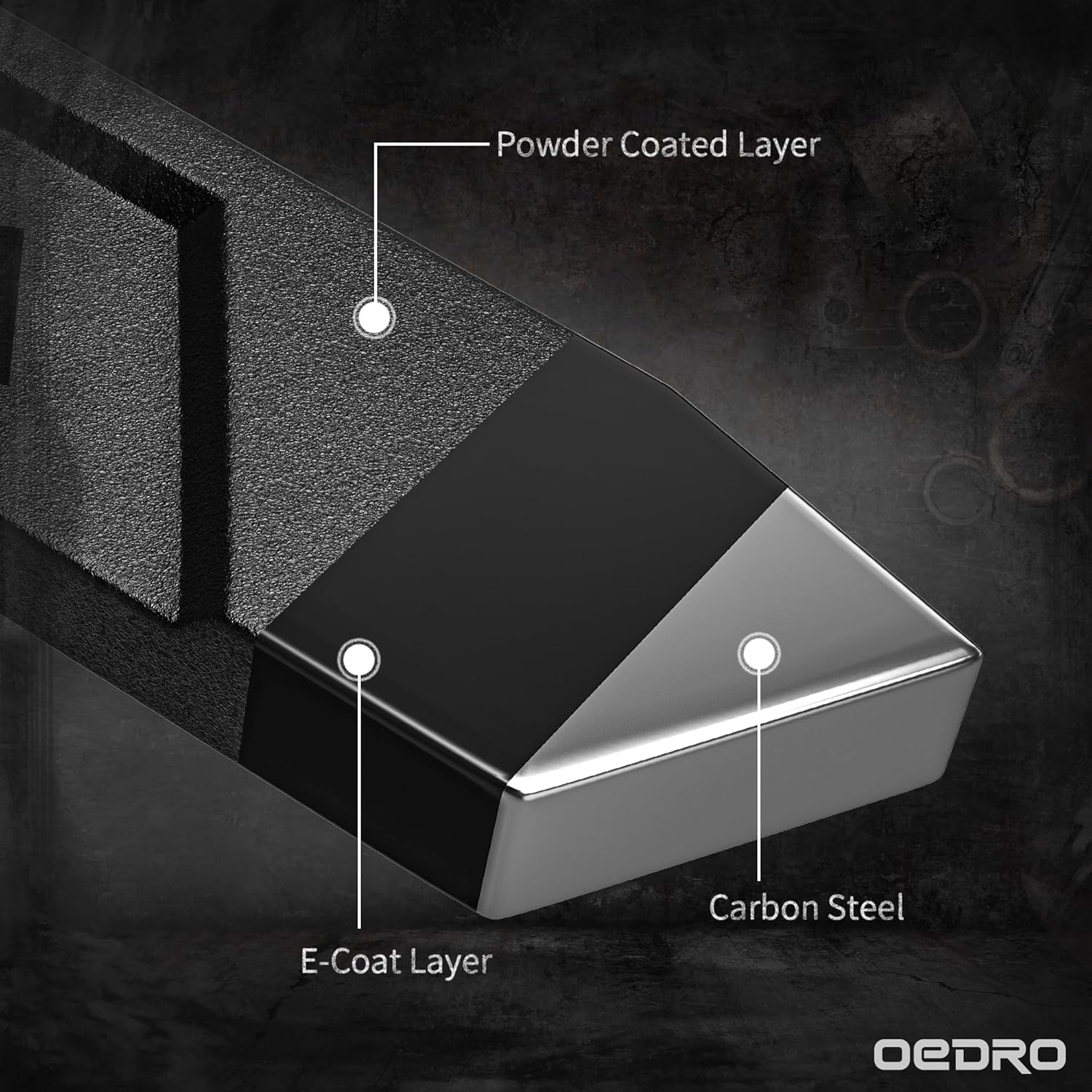 Side view of OEDRO Running Boards: Compatible with Tesla Cybertruck - Textured Black Side Steps Rails for 2024-2025 Cybertruck, Exterior Brackets Truck Nerf Bars