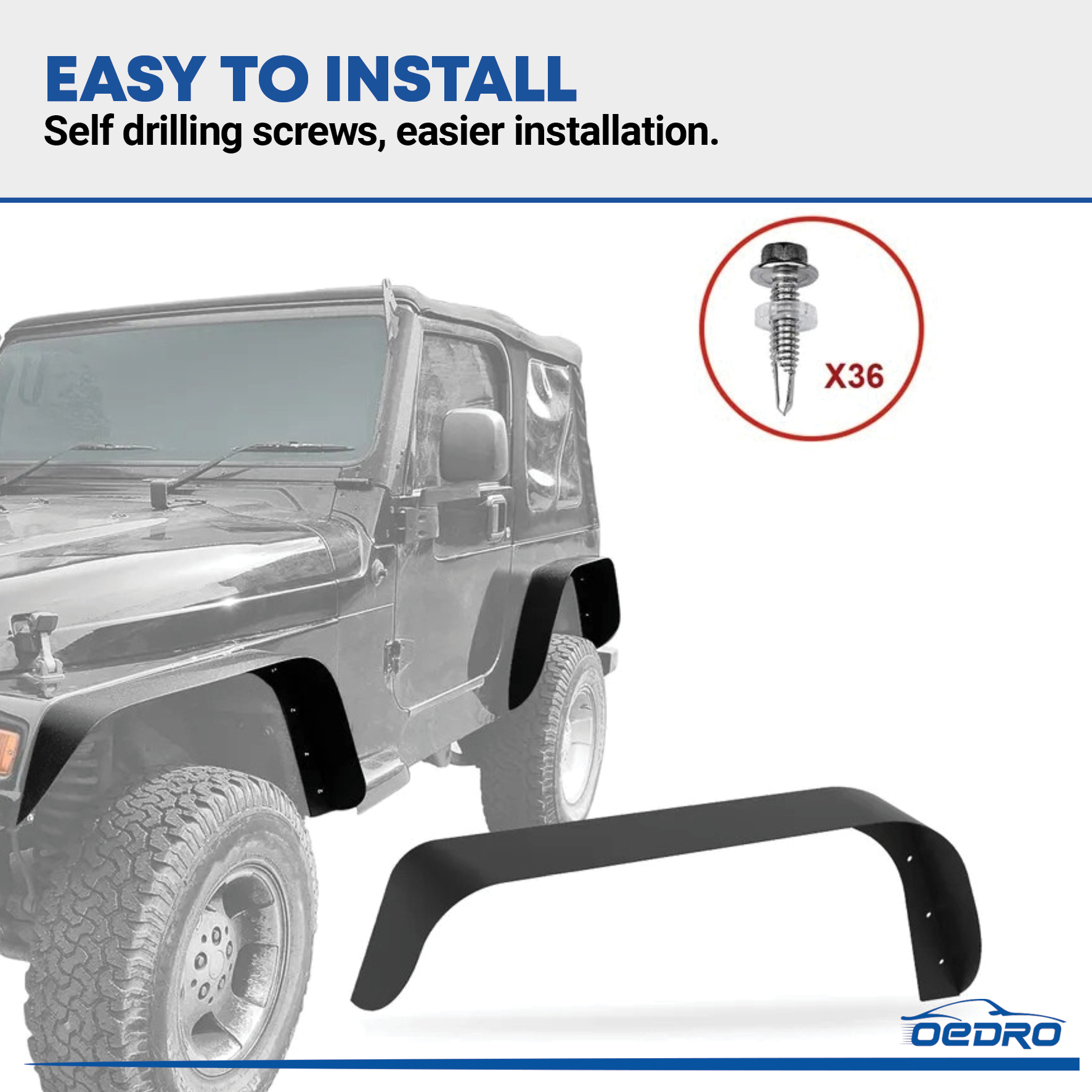 Side view of OEDRO Flat Fender Flares for 1997-2006 Jeep Wrangler TJ & LJ, 4 PCS Set Off-Road Front & Rear Wheel Flares
