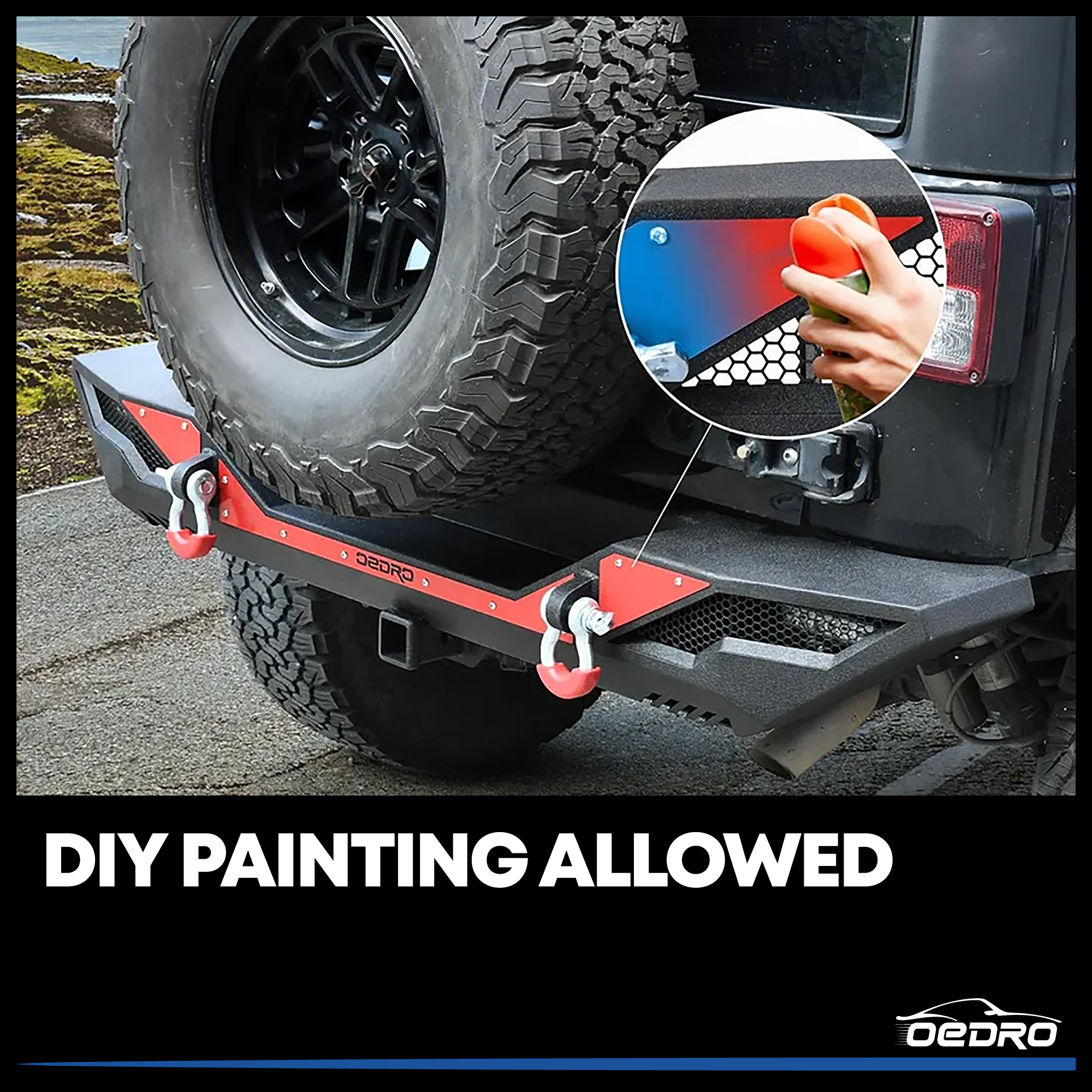 Side view of OEDRO Rear Bumper for 2007-2018 Jeep Wrangler JK & JKU Unlimited, Full Width Bumper w/D-Rings & Hitch Receiver & Reflective Armor