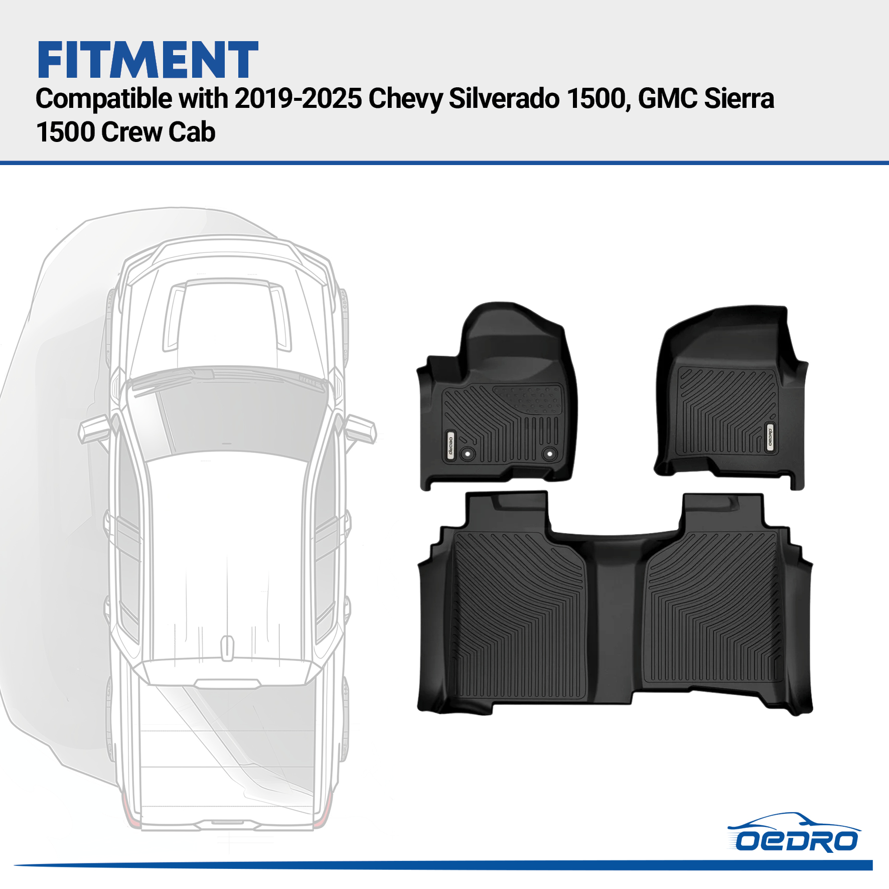 Side view of OEDRO Floor Mats for 2019-2025 Chevy Silverado 1500/GMC Sierra 1500 Crew Cab, No Rear Underseat Storage Box
