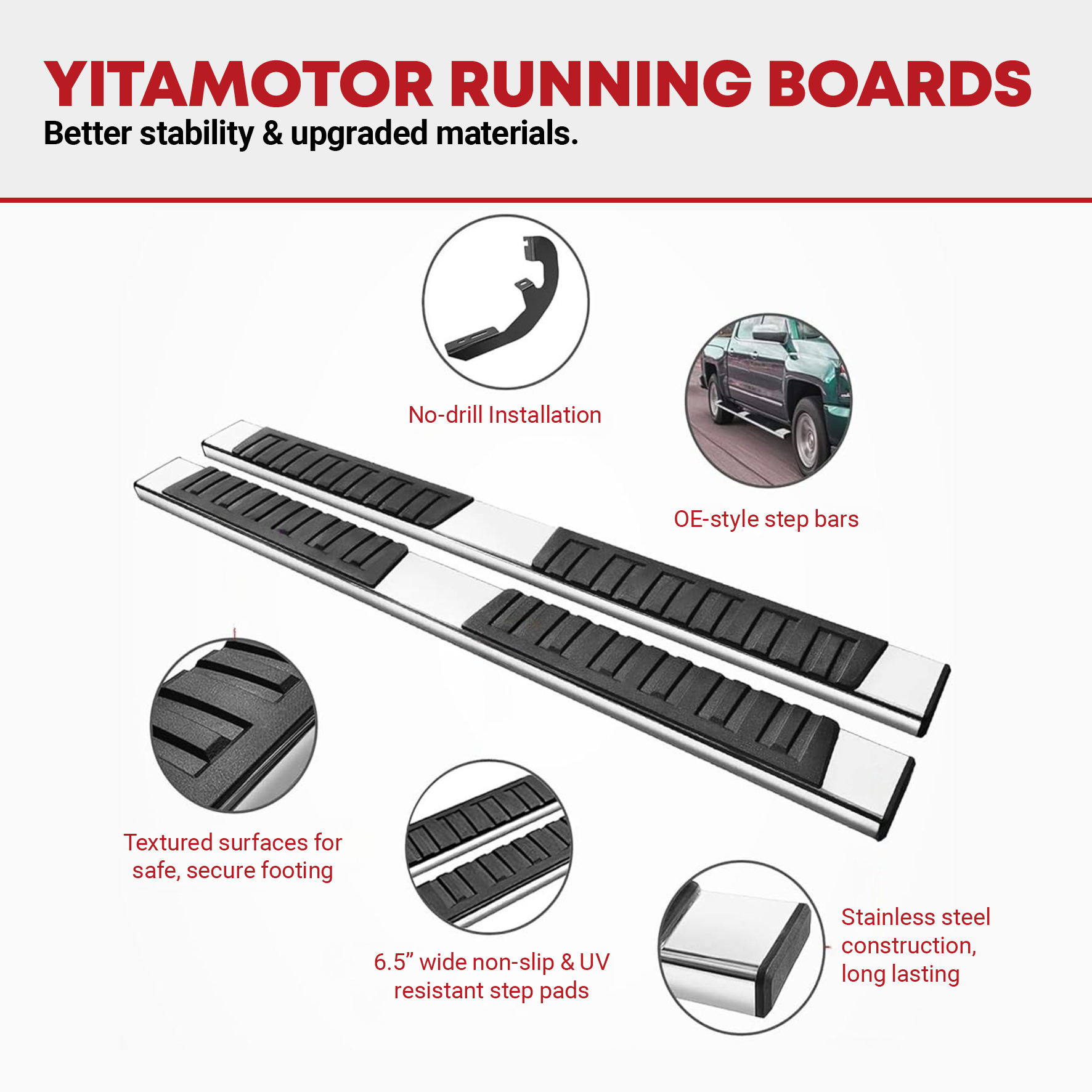 Side view of YITAMOTOR 6.5" Stainless Steel Running Boards for 2019-2026 Chevy Silverado & GMC Sierra 1500, 2500HD, 3500HD Crew Cab