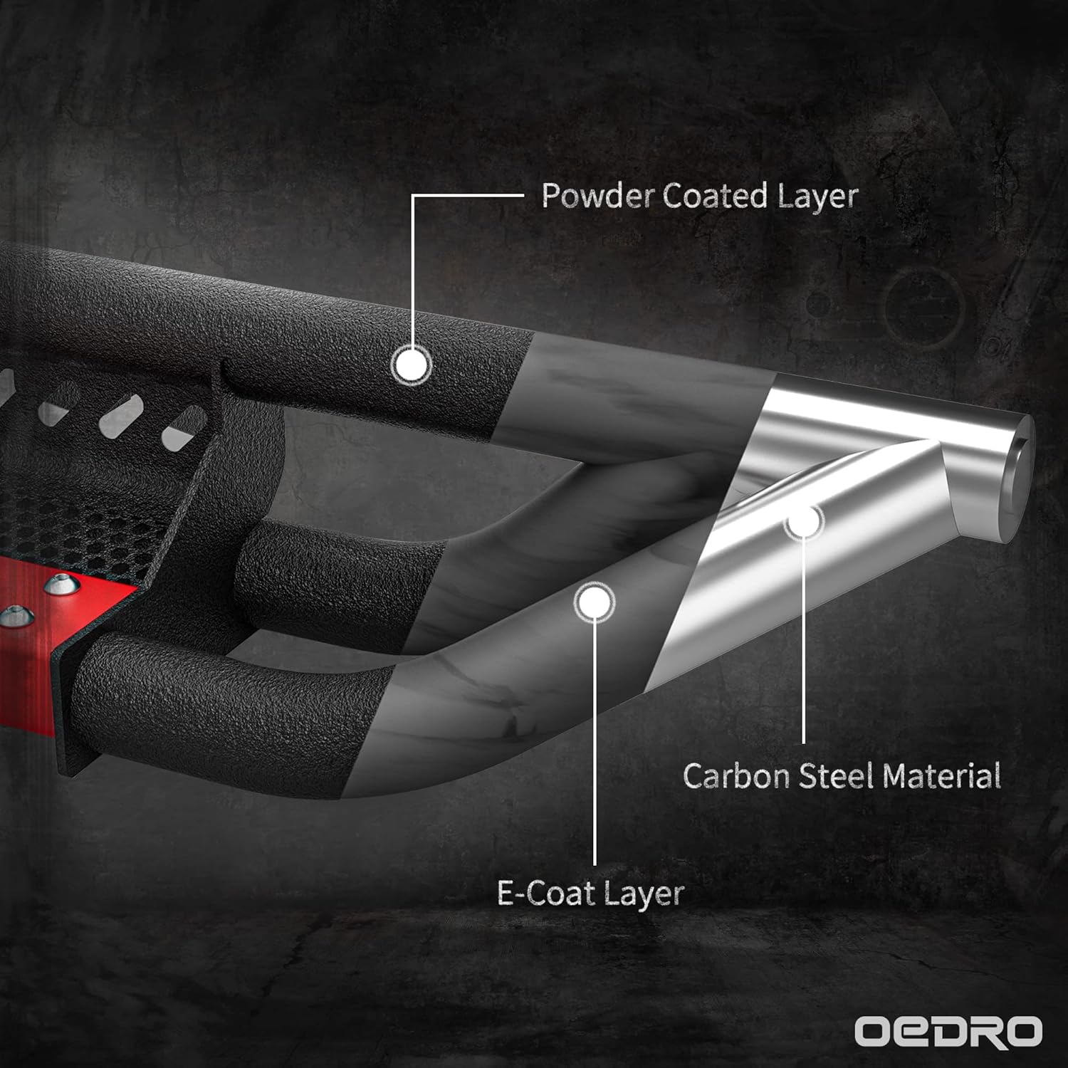 Side view of OEDRO Running Boards for 2015-2026 Ford F-150 SuperCrew Cab, 2017-2026 Ford F-250 F-350 Super Duty Crew Cab, Textured Nerf Bar Truck Side Steps