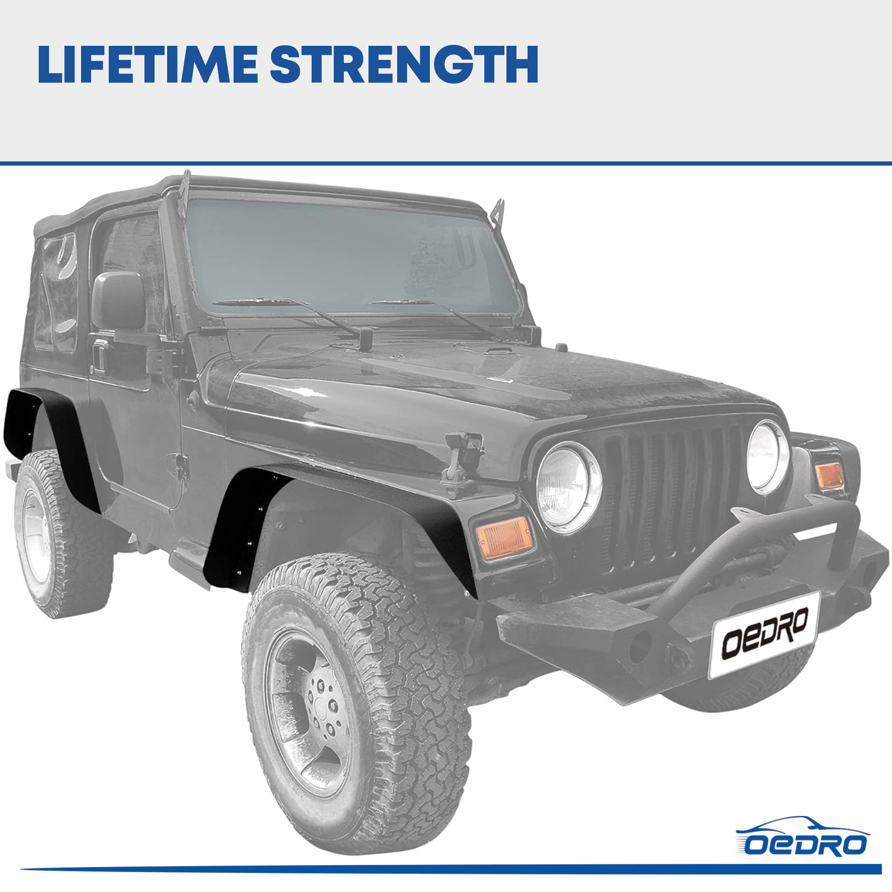 Side view of OEDRO Flat Fender Flares for 1997-2006 Jeep Wrangler TJ & LJ, 4 PCS Set Off-Road Front & Rear Wheel Flares