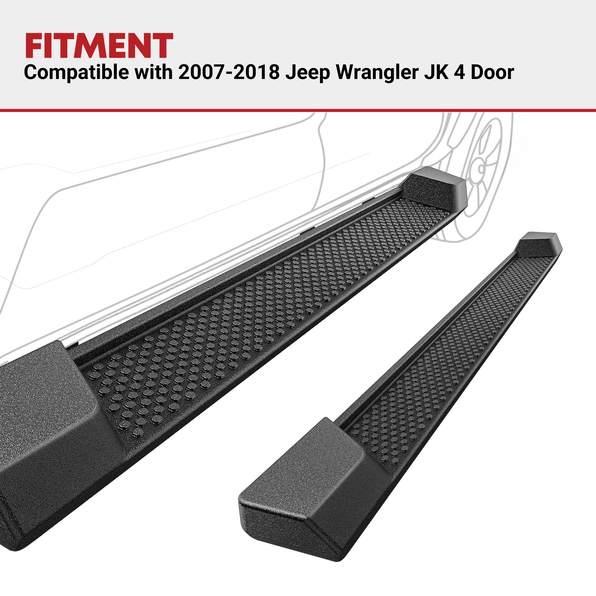 Side view of YITAMOTOR® Running Boards Compatible with 2007-2018 Jeep Wrangler JK 4 Door, Nerf Bars, Black Side Steps (Not for JL Model)