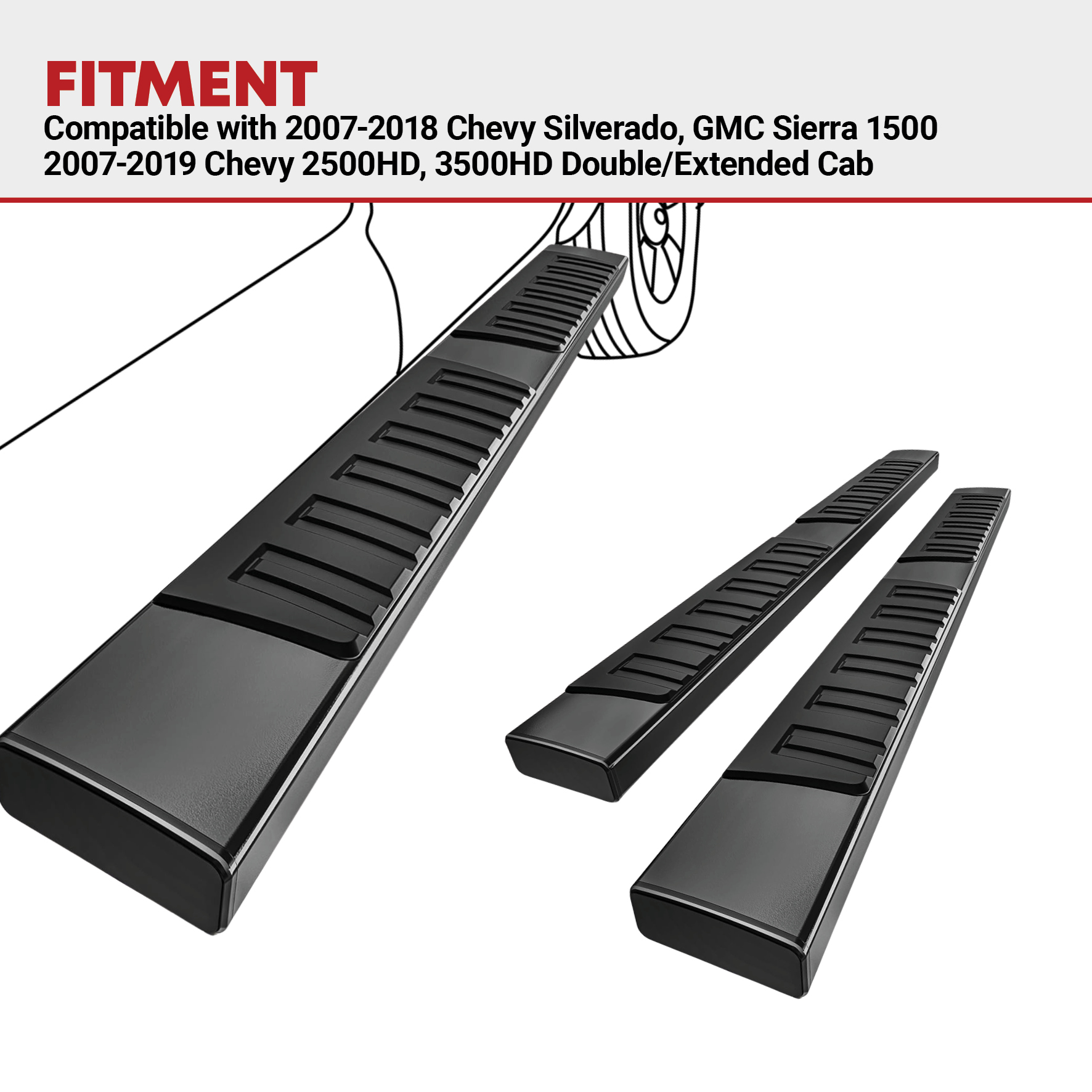 Side view of YITAMOTOR® 2007-2018 Chevy Silverado/GMC Sierra 1500, 2007-2019 2500HD 3500HD Double Cab Running Boards Side Steps