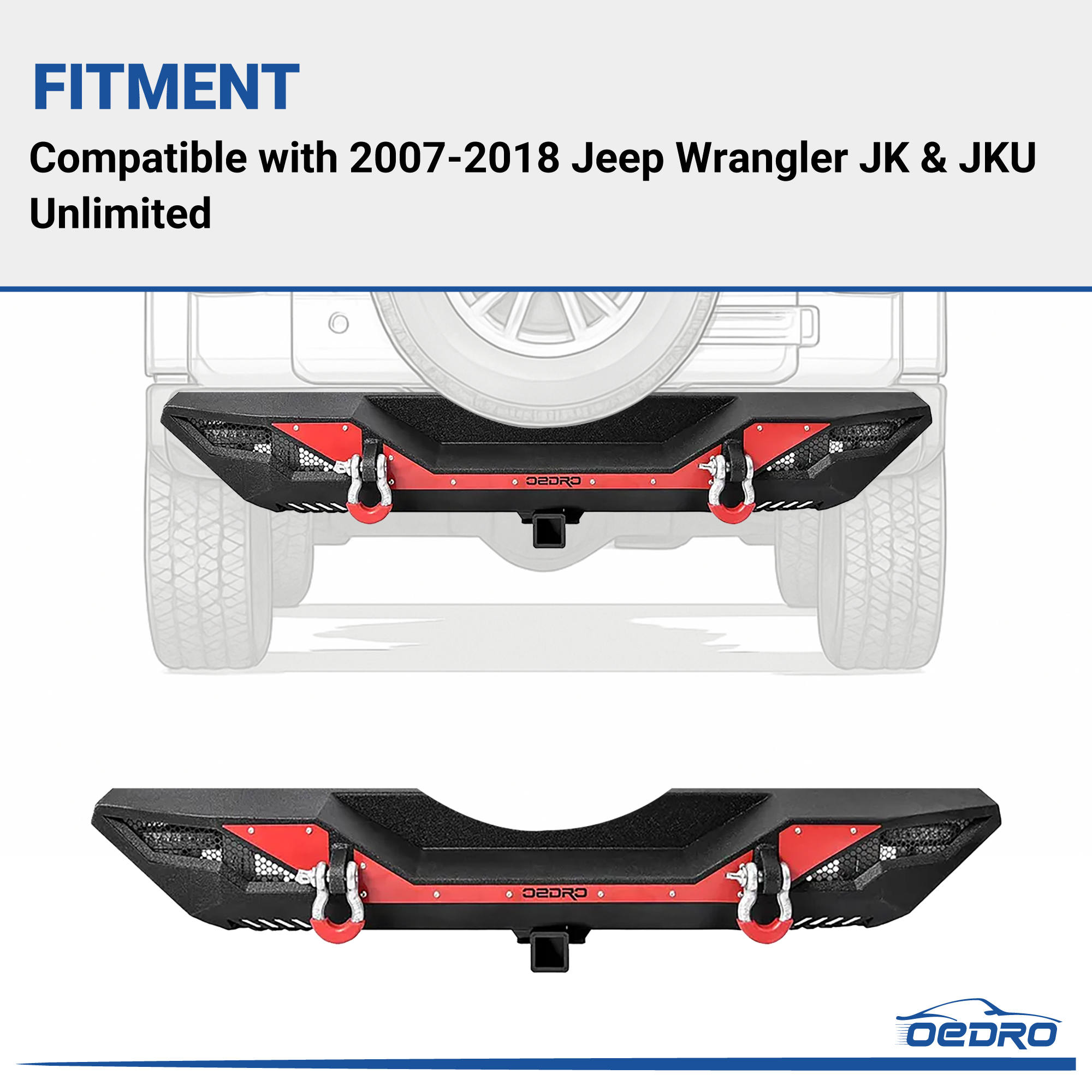 Side view of OEDRO Rear Bumper for 2007-2018 Jeep Wrangler JK & JKU Unlimited, Full Width Bumper w/D-Rings & Hitch Receiver & Reflective Armor