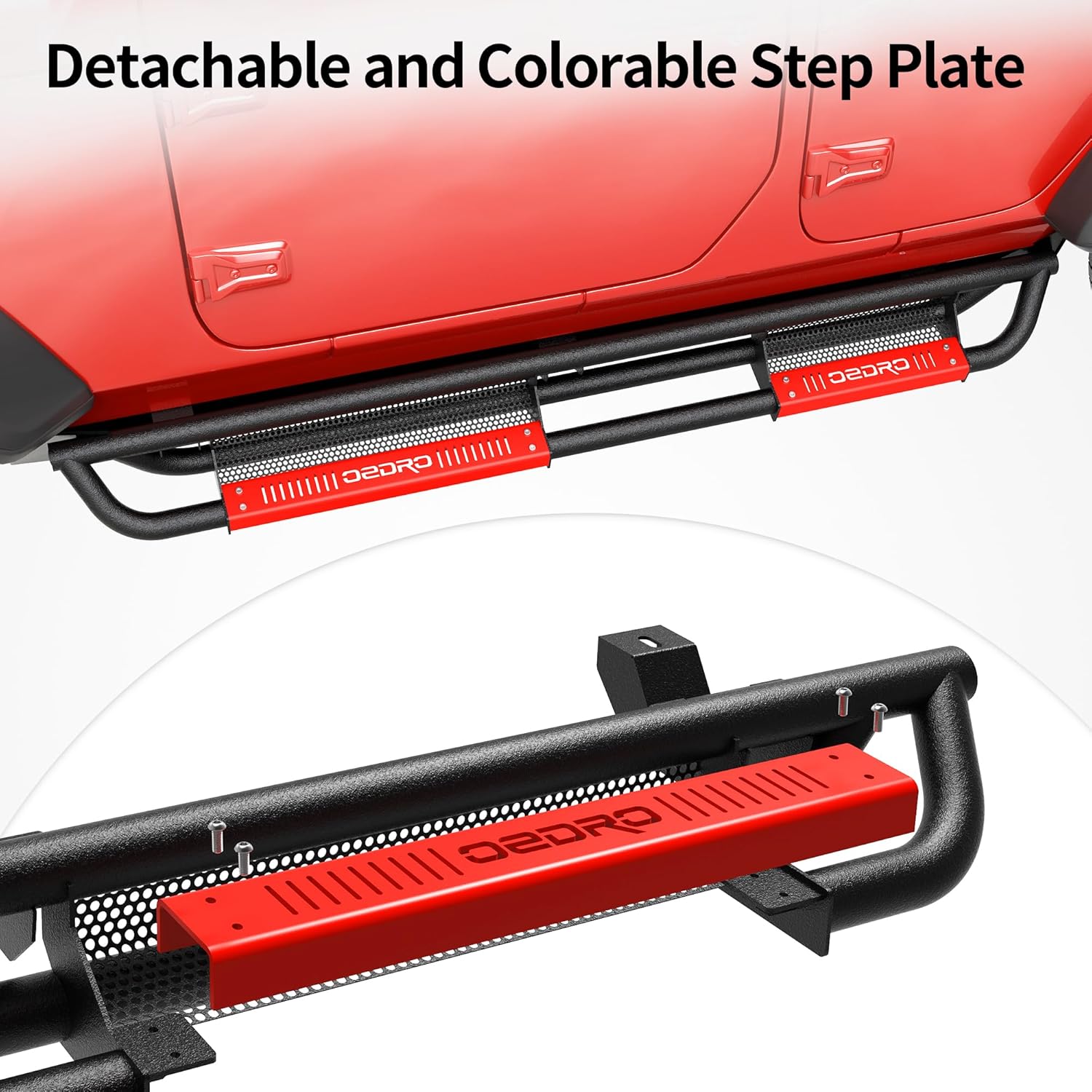Side view of OEDRO Running Boards for 2015-2026 Ford F-150 SuperCrew Cab, 2017-2026 Ford F-250 F-350 Super Duty Crew Cab, Textured Nerf Bar Truck Side Steps