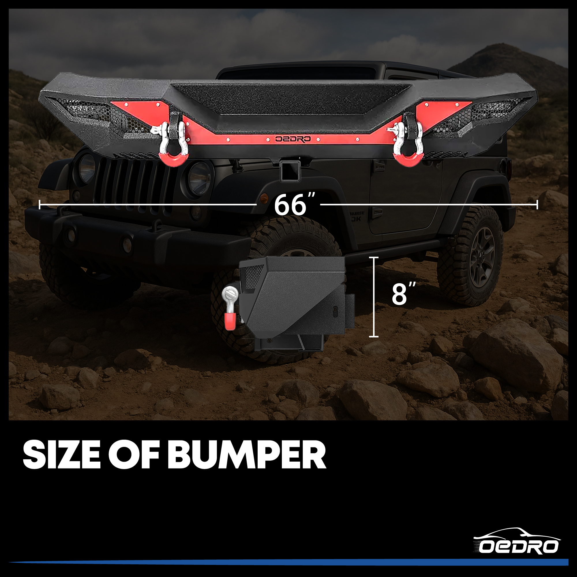 Side view of OEDRO Rear Bumper for 2007-2018 Jeep Wrangler JK & JKU Unlimited, Full Width Bumper w/D-Rings & Hitch Receiver & Reflective Armor