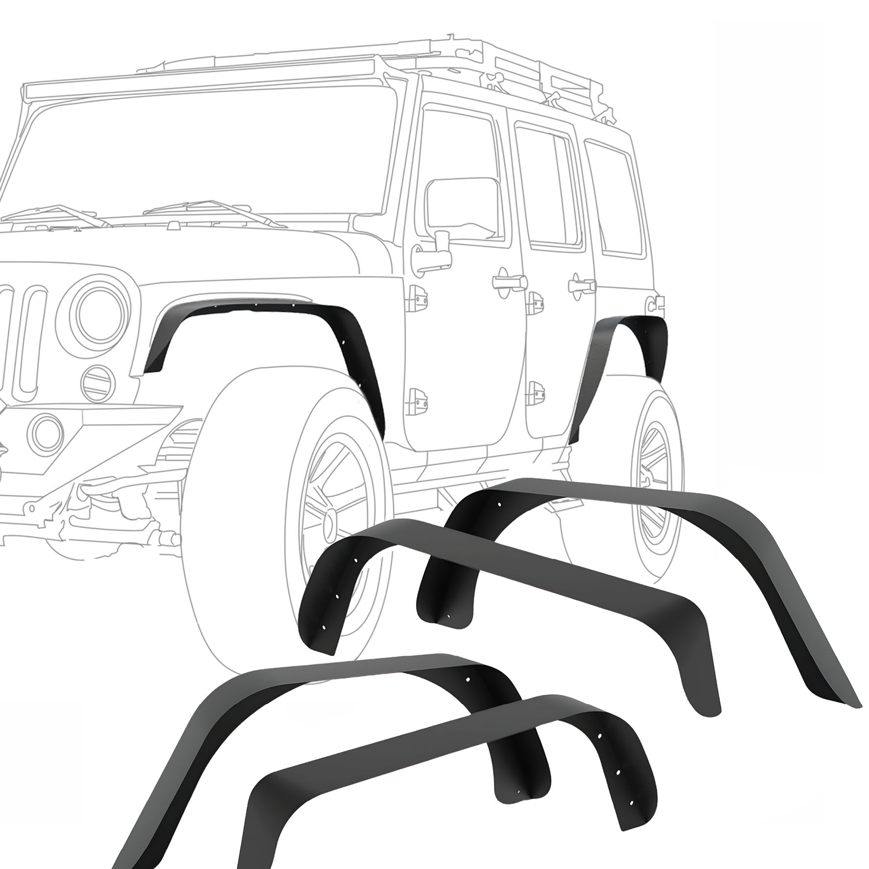 Side view of OEDRO Flat Fender Flares for 1997-2006 Jeep Wrangler TJ & LJ, 4 PCS Set Off-Road Front & Rear Wheel Flares