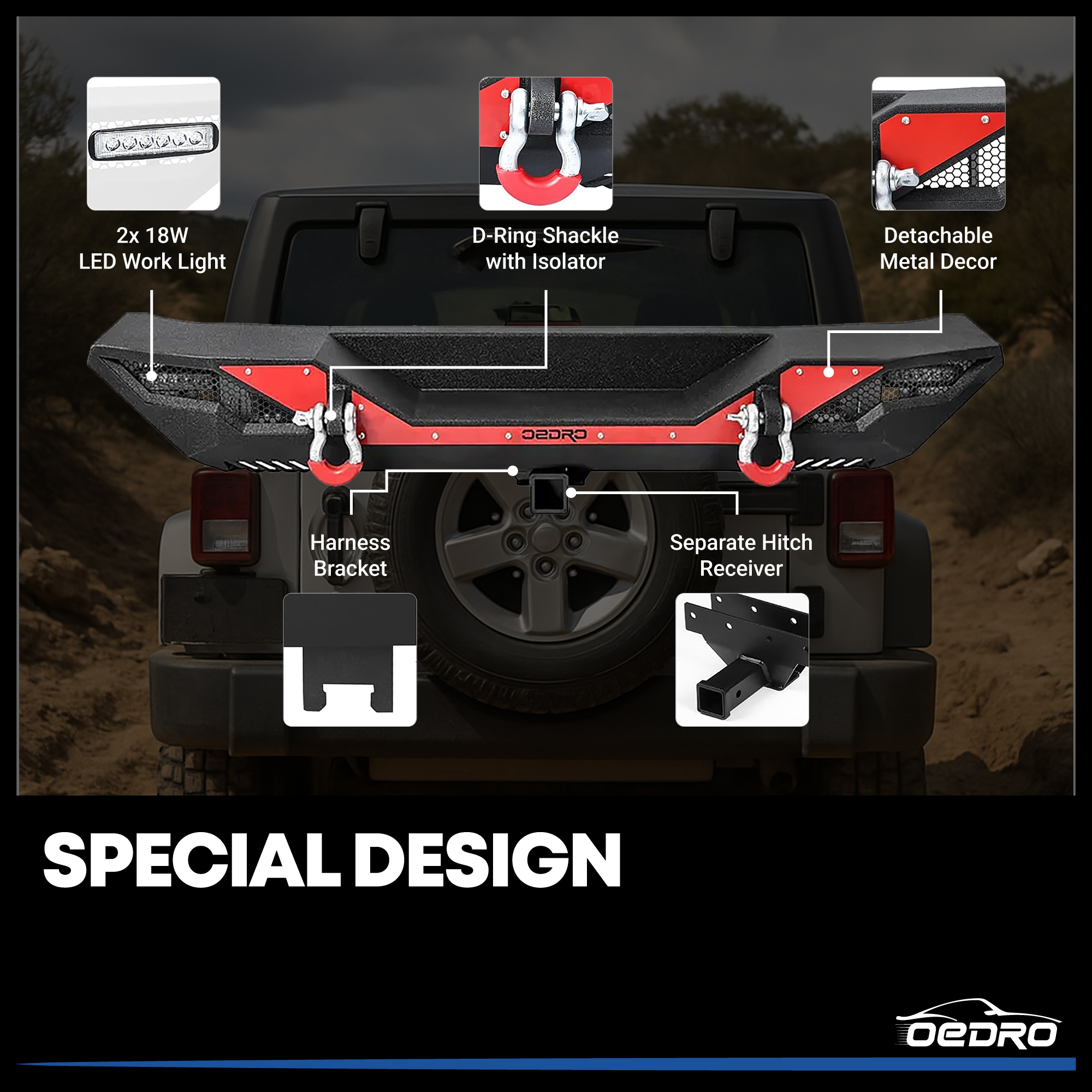 Side view of OEDRO Rear Bumper for 2007-2018 Jeep Wrangler JK & JKU Unlimited, Full Width Bumper w/D-Rings & Hitch Receiver & Reflective Armor
