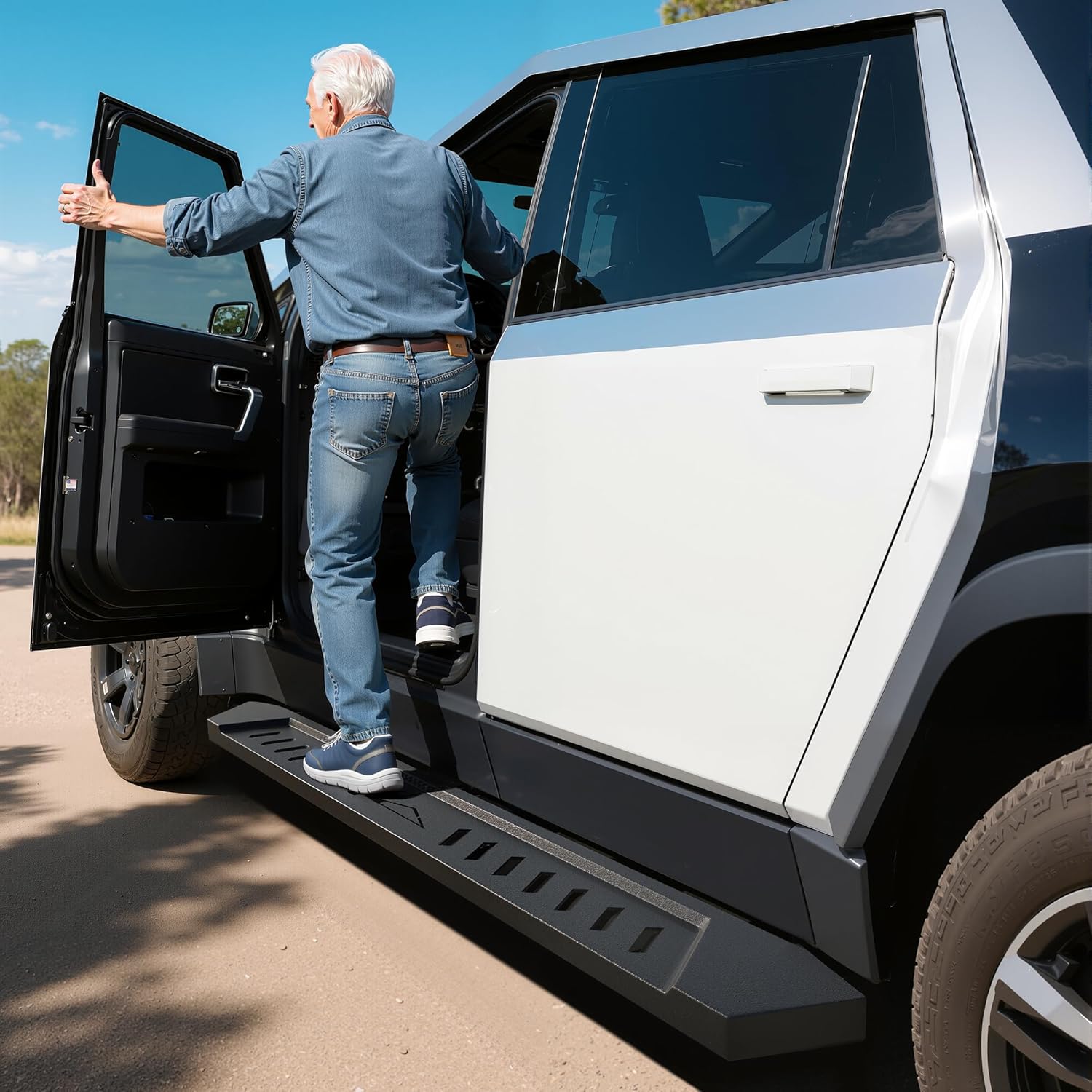 Side view of OEDRO Running Boards: Compatible with Tesla Cybertruck - Textured Black Side Steps Rails for 2024-2025 Cybertruck, Exterior Brackets Truck Nerf Bars