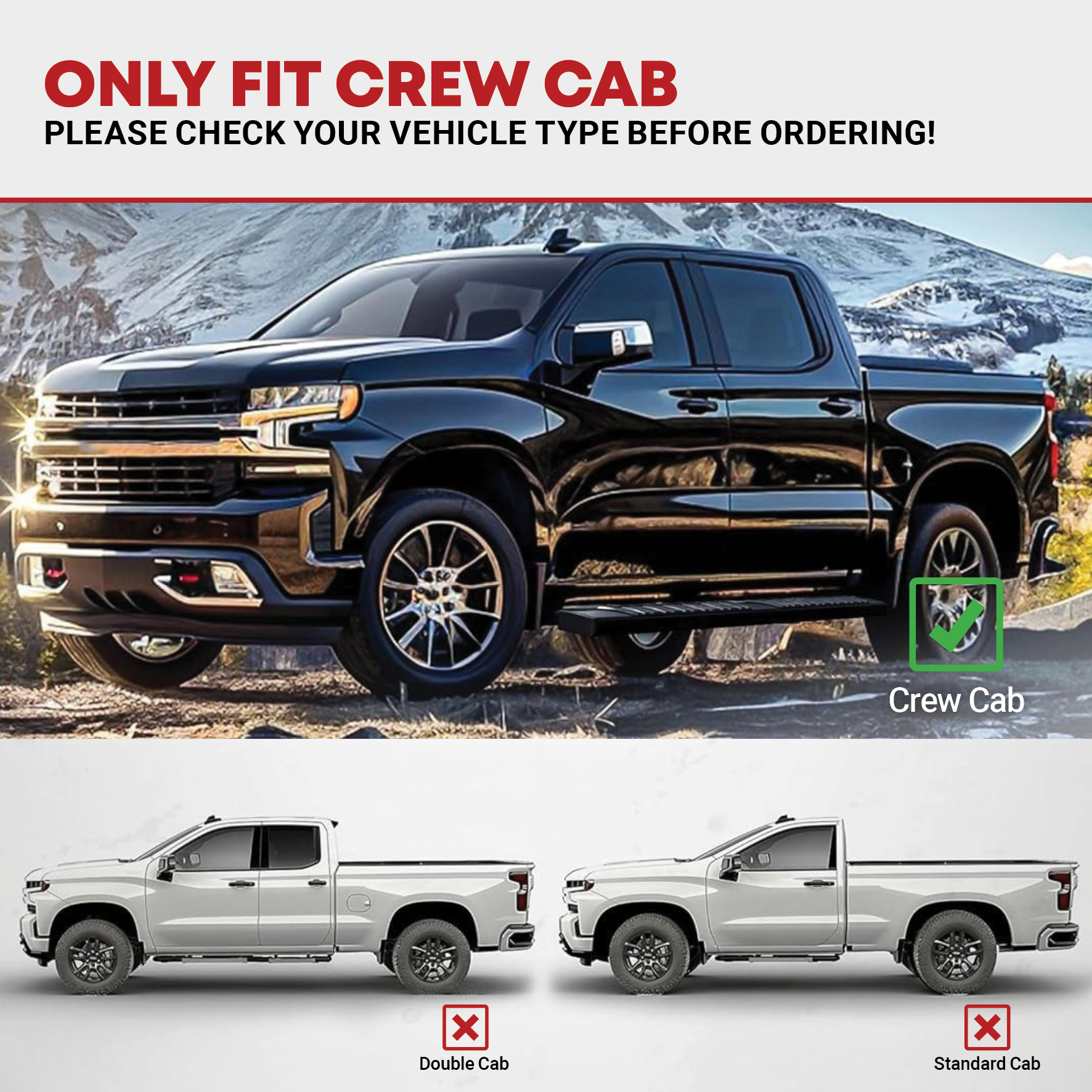 Side view of YITAMOTOR 6.5" Stainless Steel Running Boards for 2019-2026 Chevy Silverado & GMC Sierra 1500, 2500HD, 3500HD Crew Cab